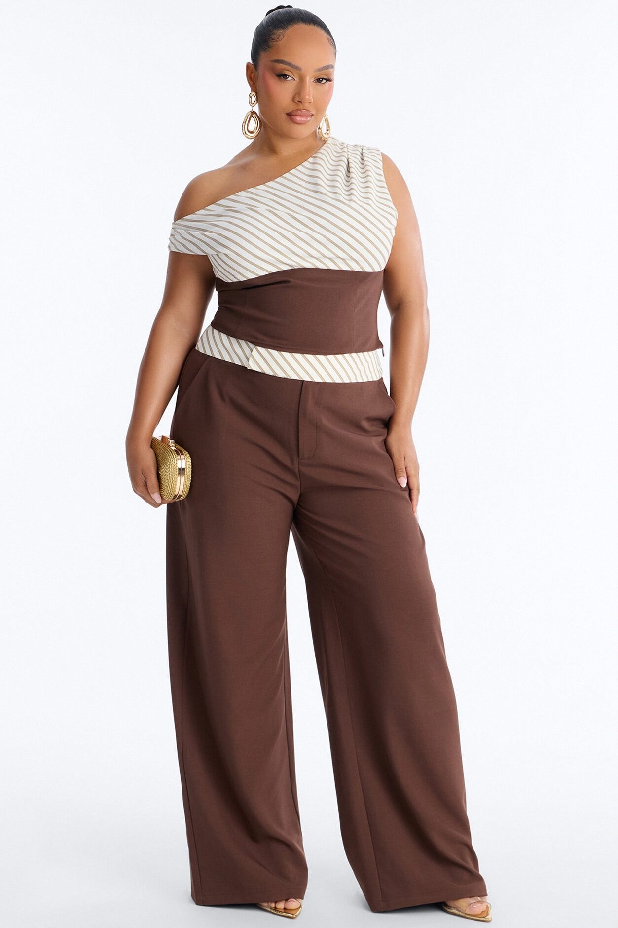 Georgia Striped Off The Shoulder Pant Set - Brown