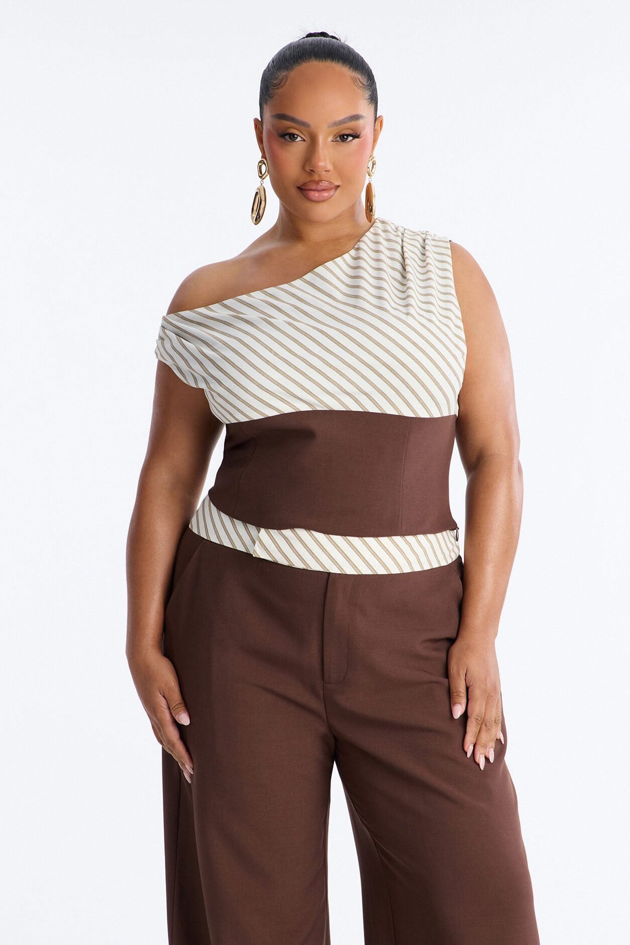 Georgia Striped Off The Shoulder Pant Set - Brown