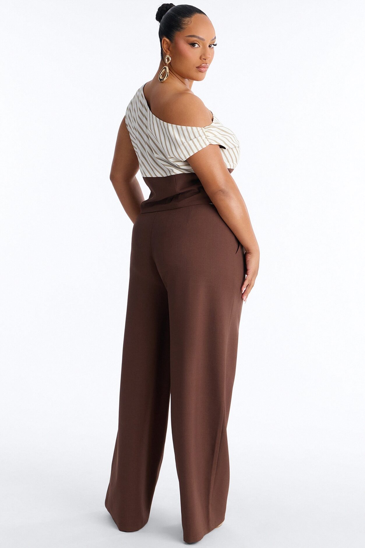 Georgia Striped Off The Shoulder Pant Set - Brown