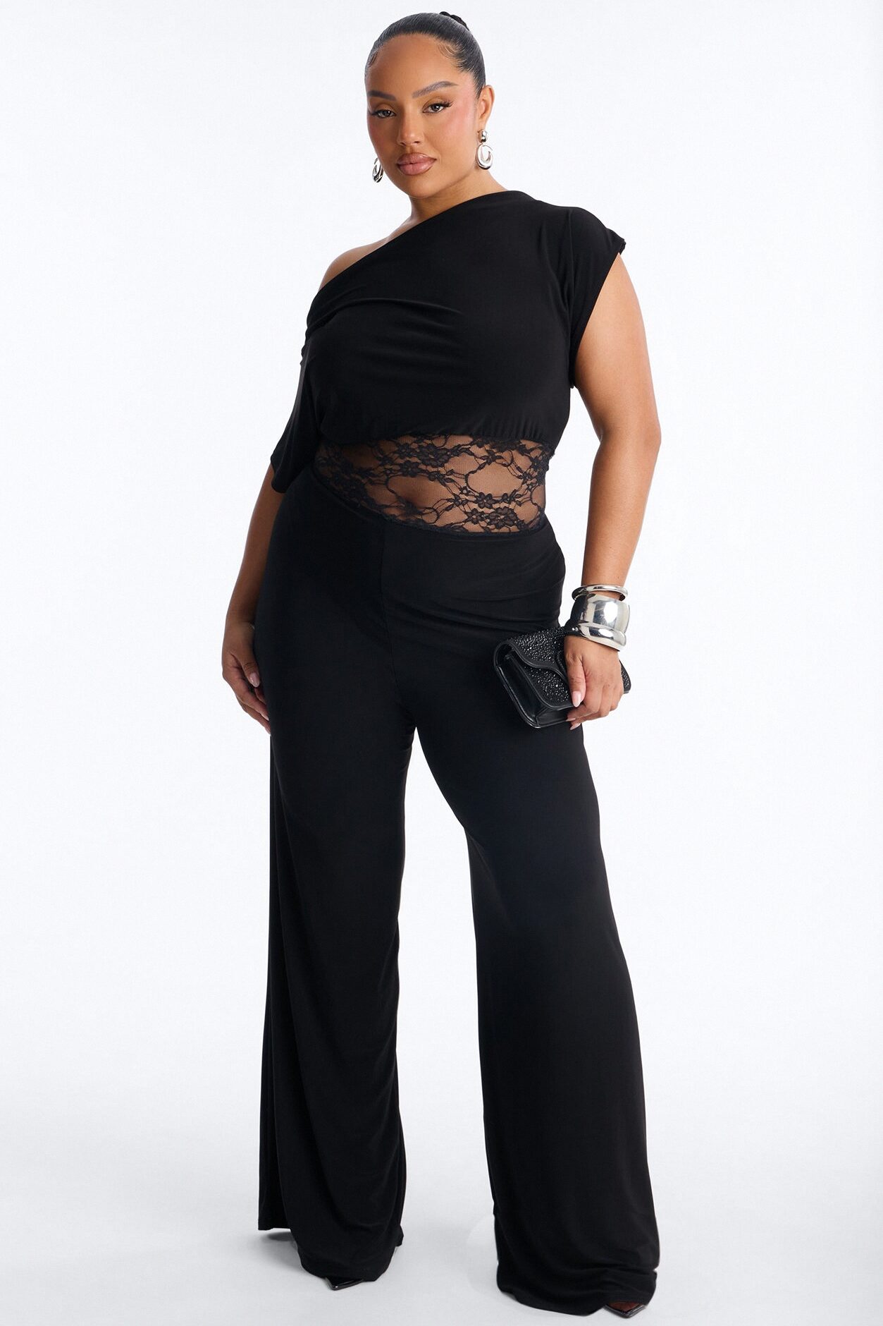 Isla Lace Trim Off Shoulder Jumpsuit - Black