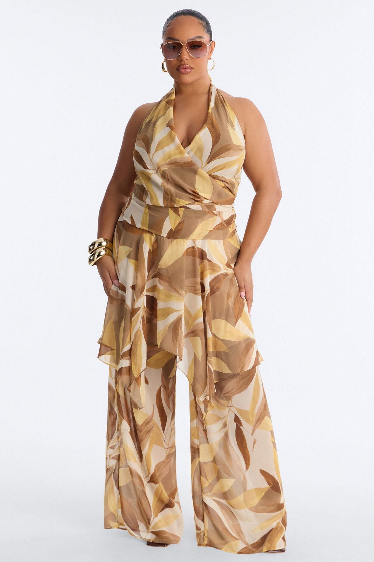 Boho Oasis Halter Abstract Jumpsuit - Khaki
