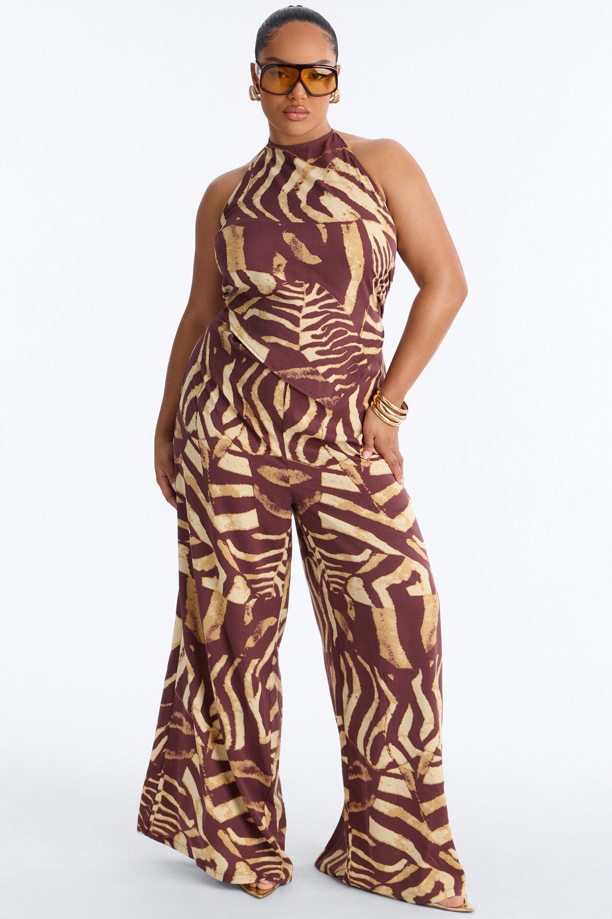 Mara Halter Wide Leg Jumpsuit - Brown/combo