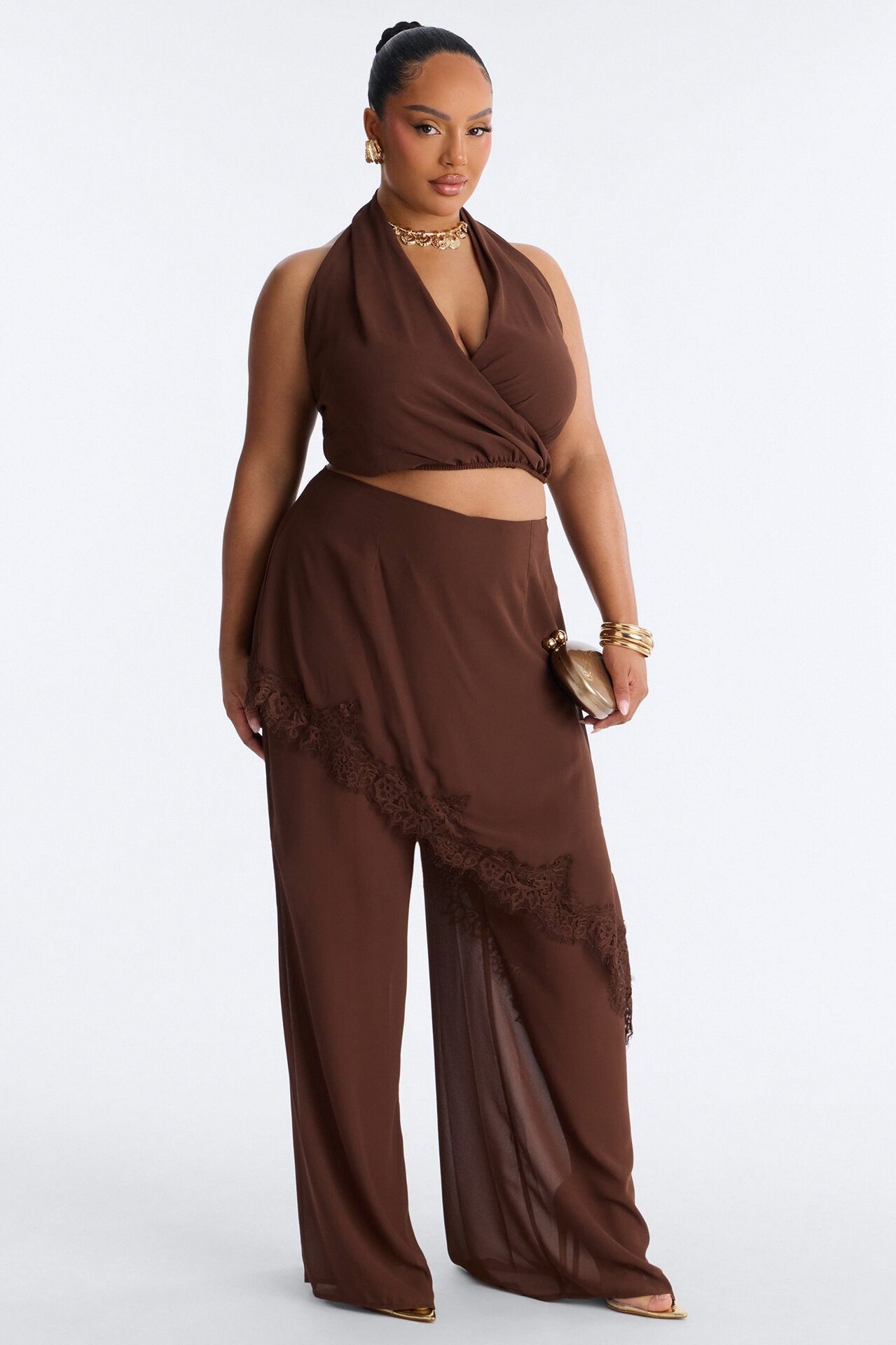 Current Mood Chiffon Halter Pant Set - Brown