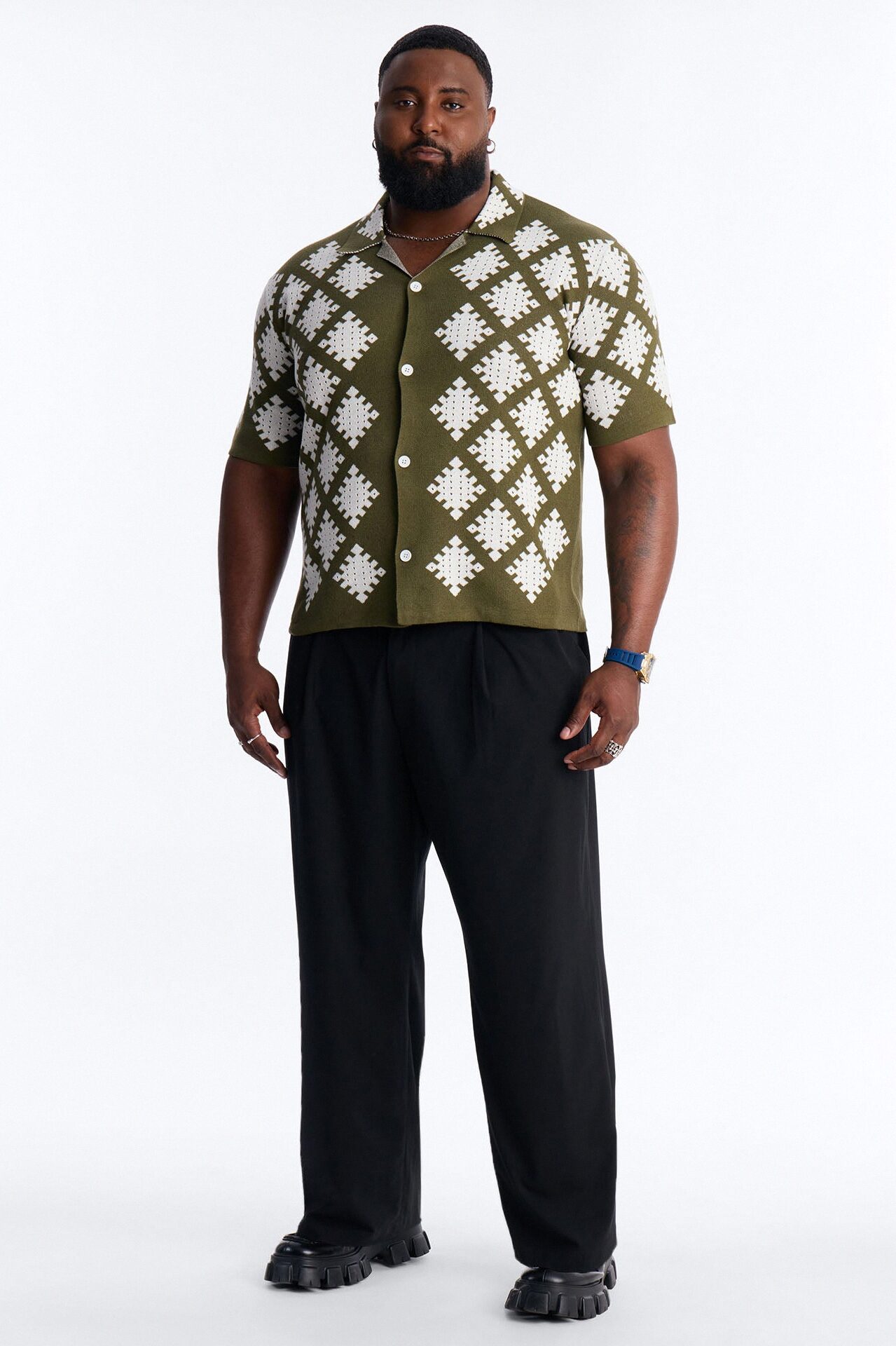 Relaxed Wave Side Crochet Cuban Collar Button Up Shirt - Green