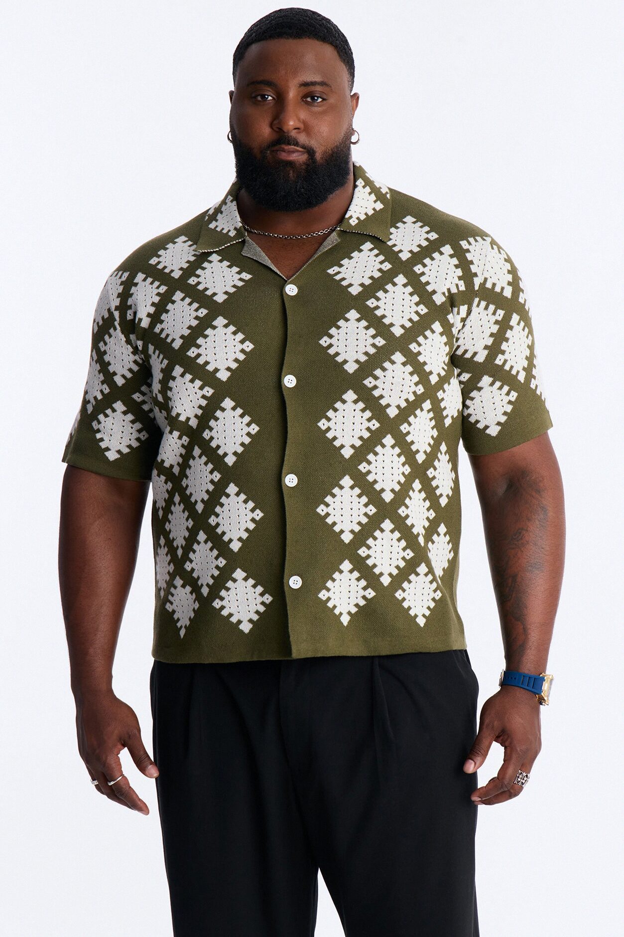 Relaxed Wave Side Crochet Cuban Collar Button Up Shirt - Green
