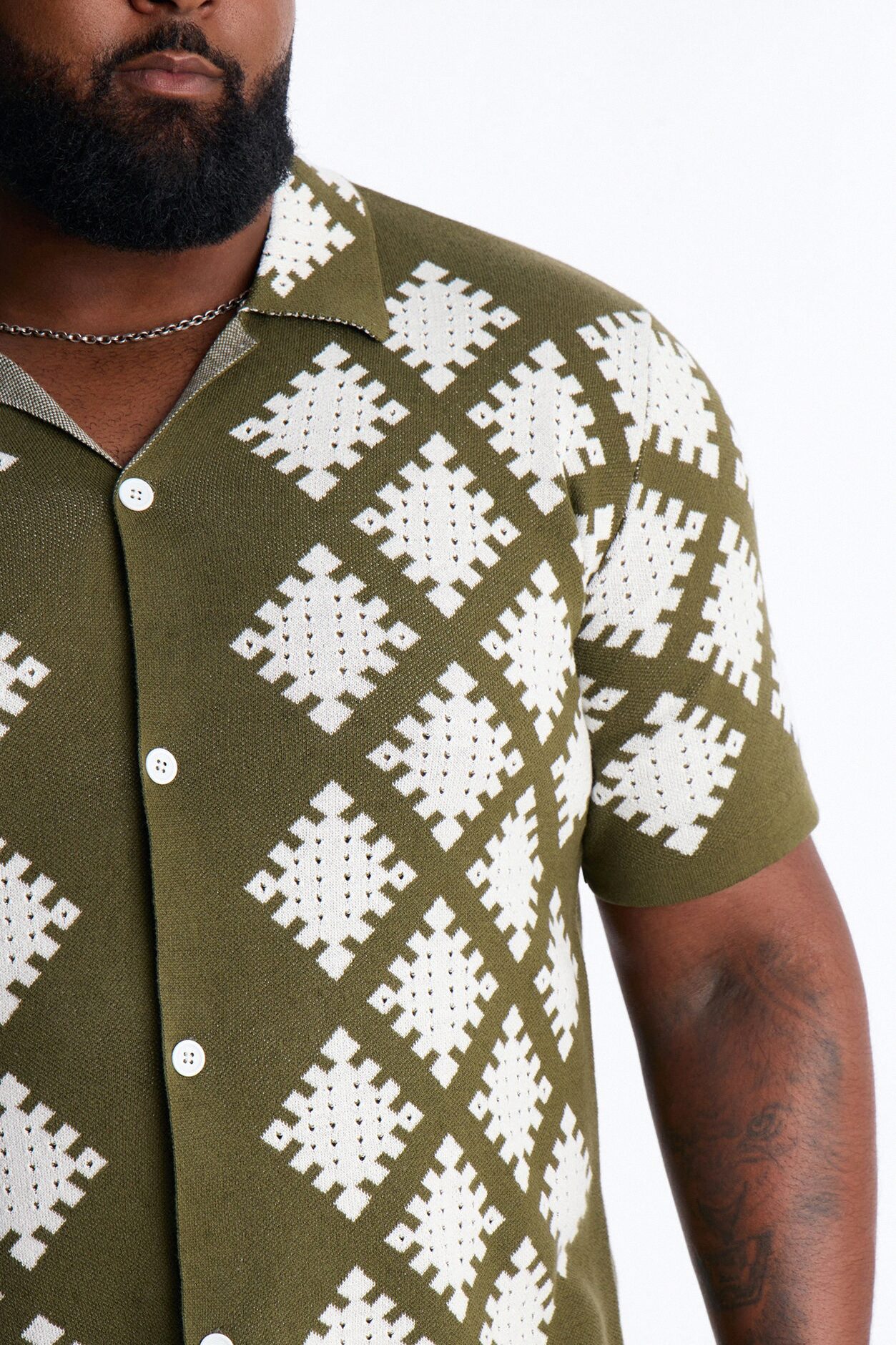 Relaxed Wave Side Crochet Cuban Collar Button Up Shirt - Green