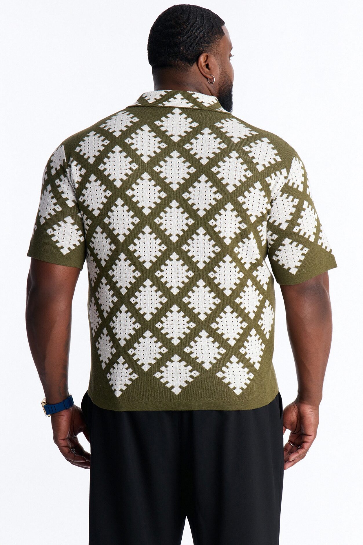 Relaxed Wave Side Crochet Cuban Collar Button Up Shirt - Green
