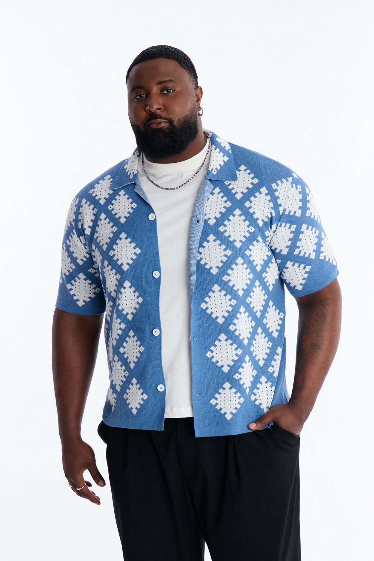 Relaxed Wave Side Crochet Cuban Collar Button Up Shirt - Slate Blue