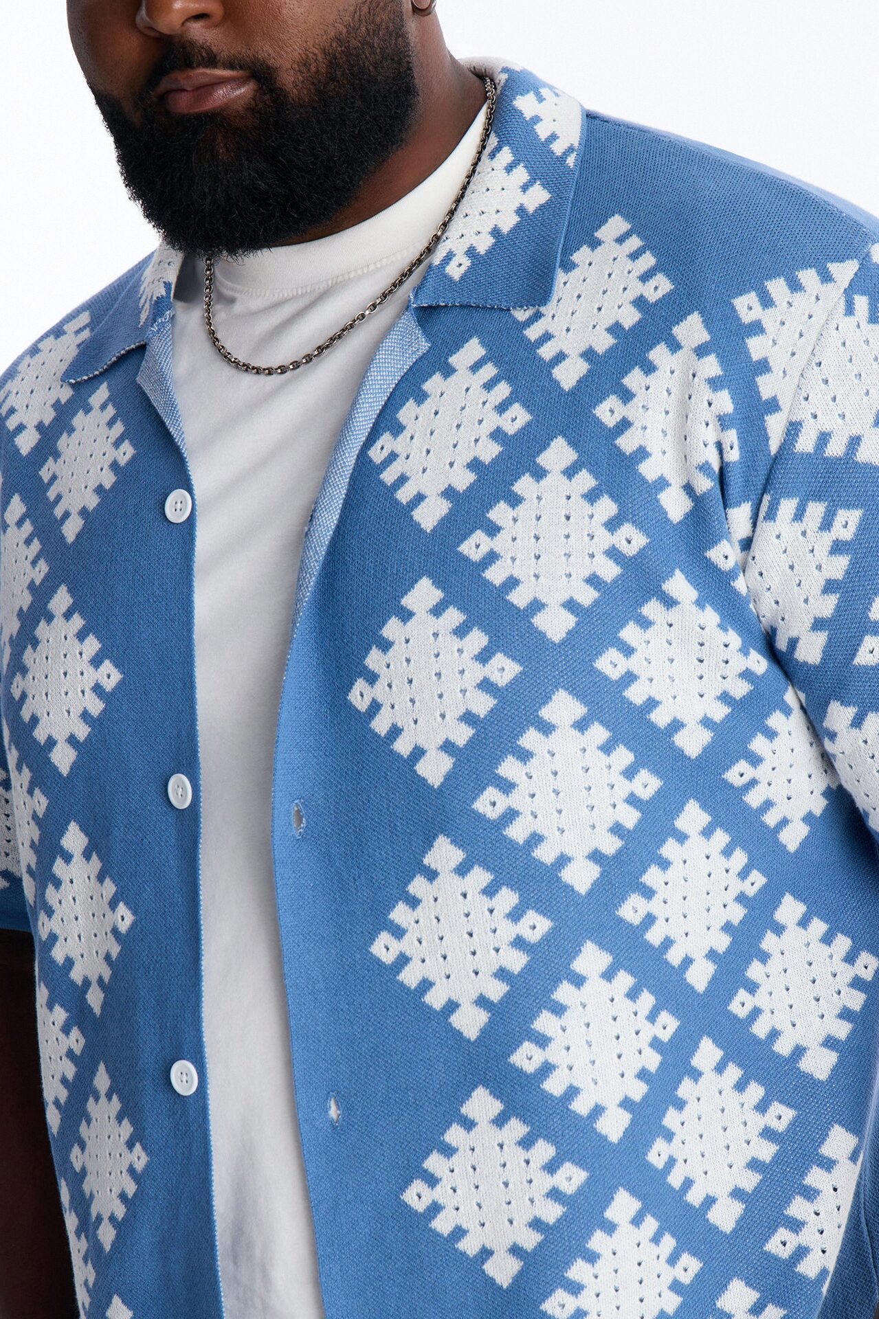Relaxed Wave Side Crochet Cuban Collar Button Up Shirt - Slate Blue