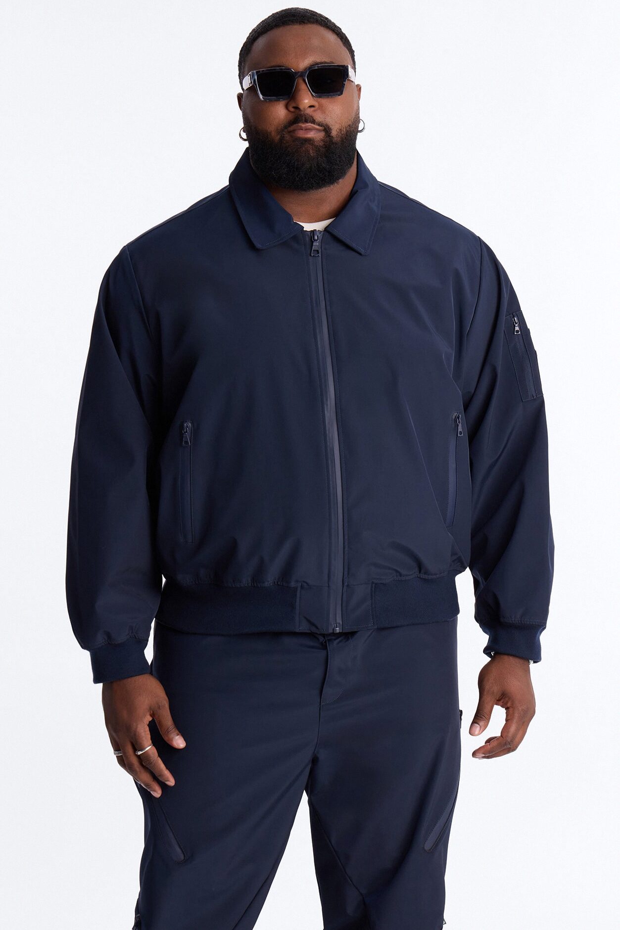 Cropped Relaxed Liberty Zip Bomber Jacket - Navy