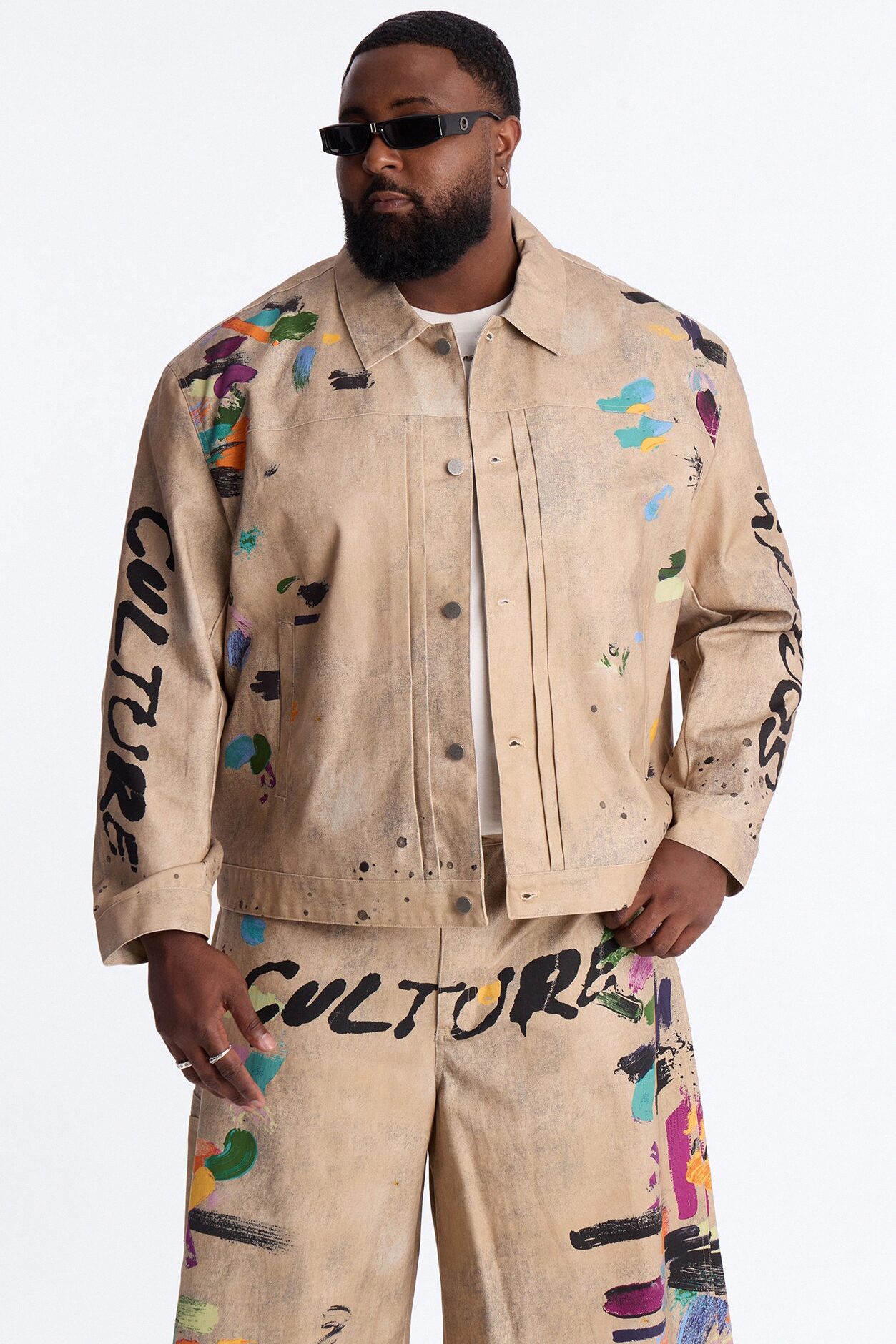 Cropped Culture Society Paint Splatter Boxy Work Jacket - Khaki