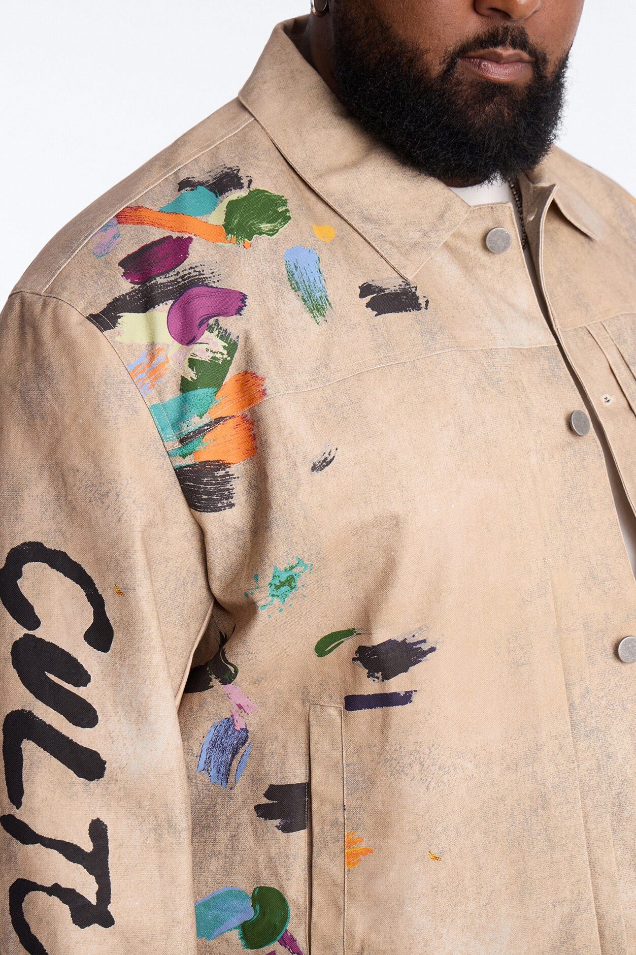 Cropped Culture Society Paint Splatter Boxy Work Jacket - Khaki