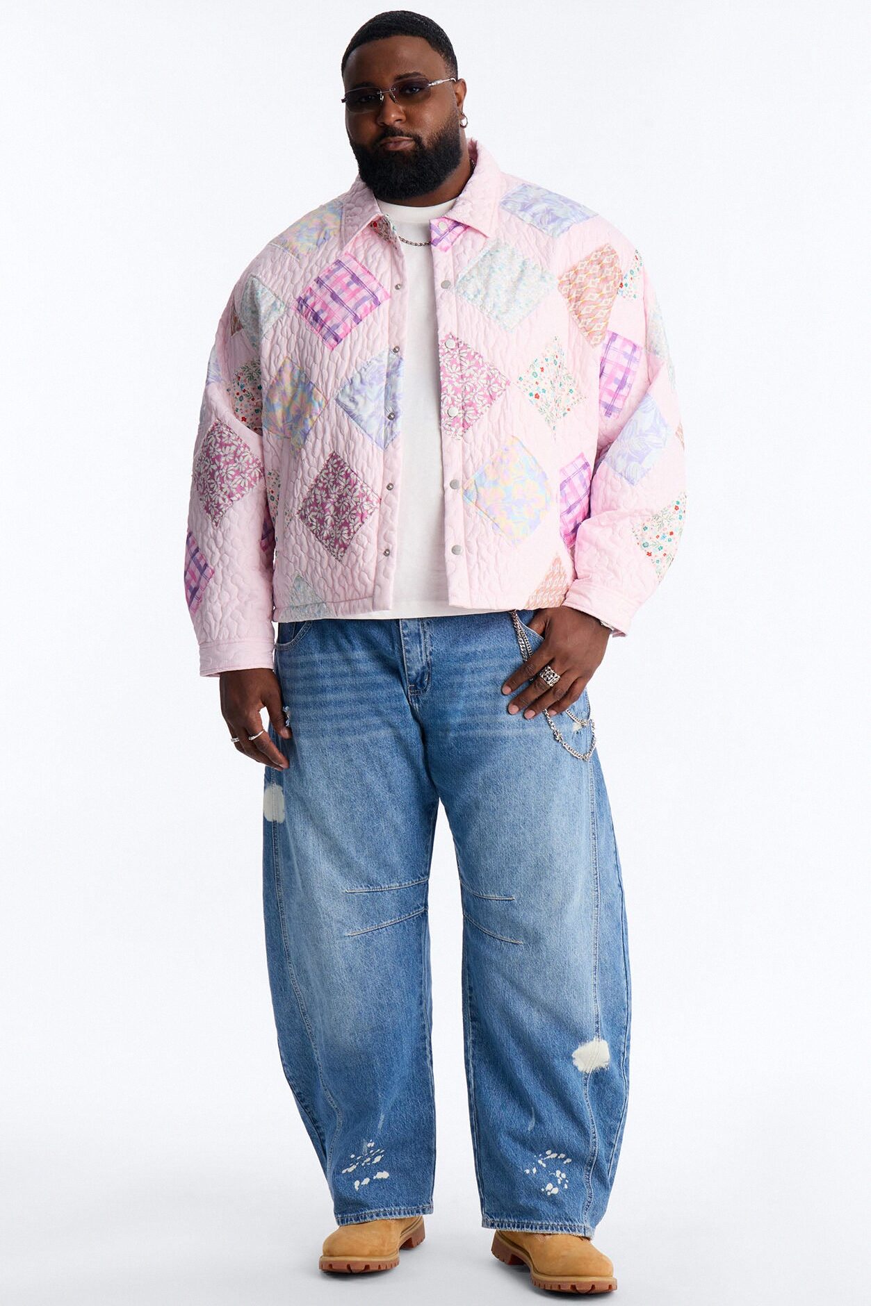 Cropped Quilted Frayed Patchwork Work Jacket - Pink