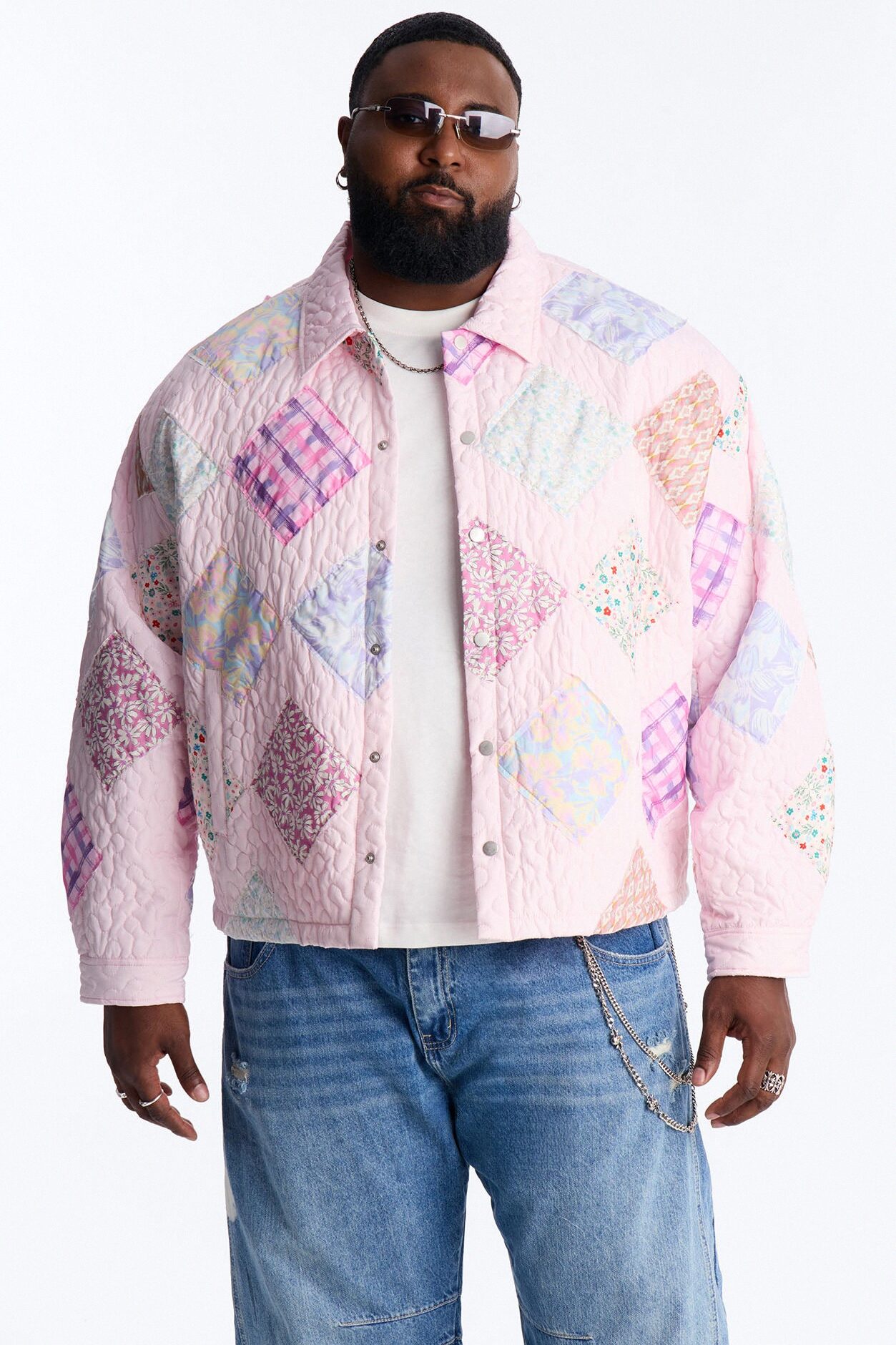 Cropped Quilted Frayed Patchwork Work Jacket - Pink