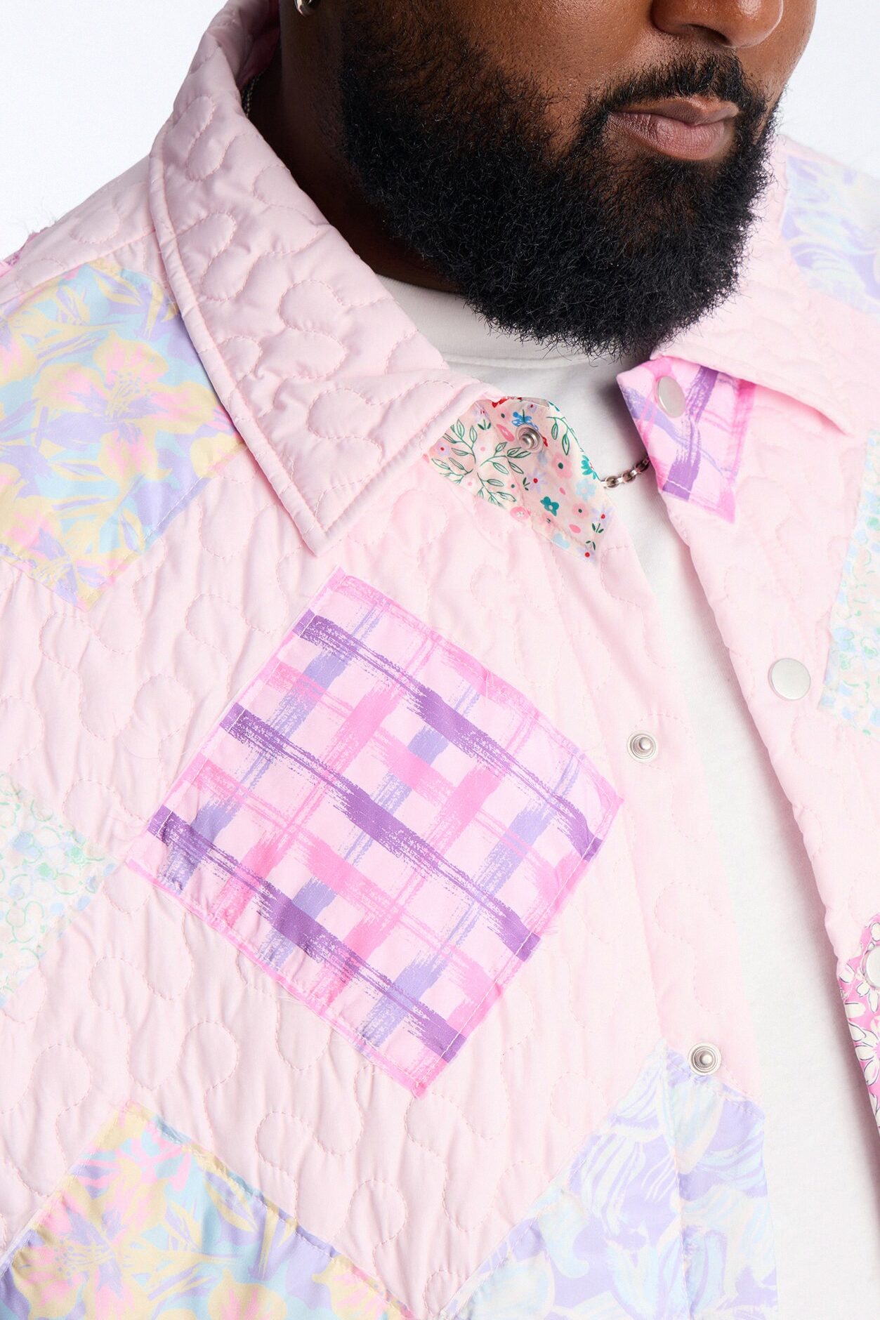 Cropped Quilted Frayed Patchwork Work Jacket - Pink