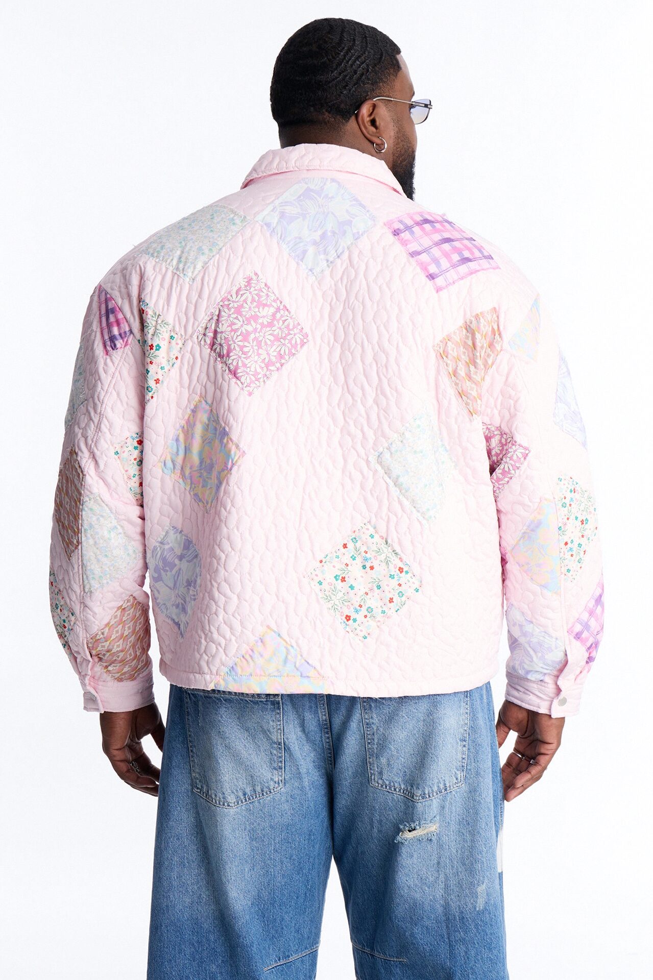 Cropped Quilted Frayed Patchwork Work Jacket - Pink