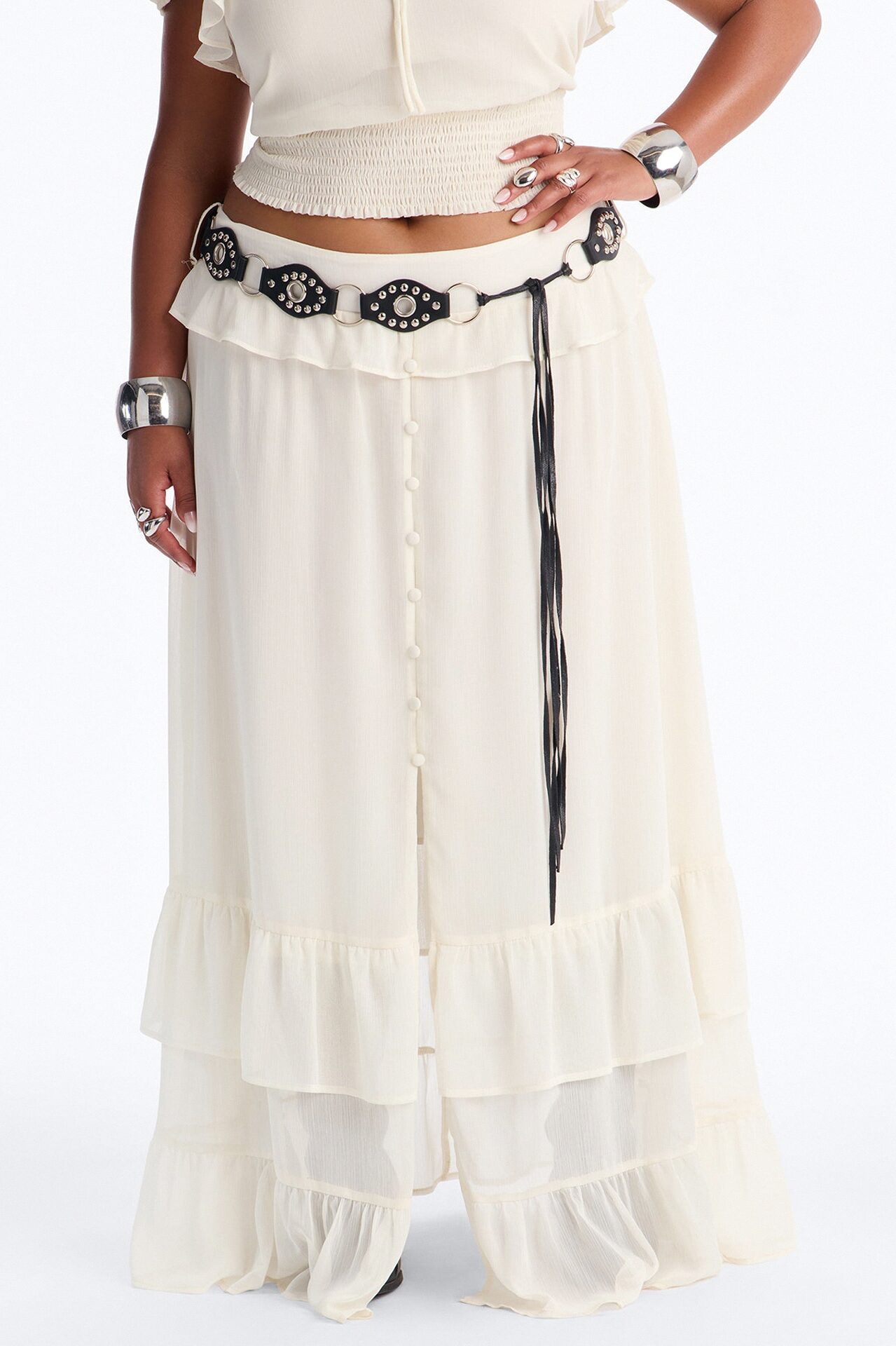 Odessa Ruffle Belted Maxi Skirt Set - Cream