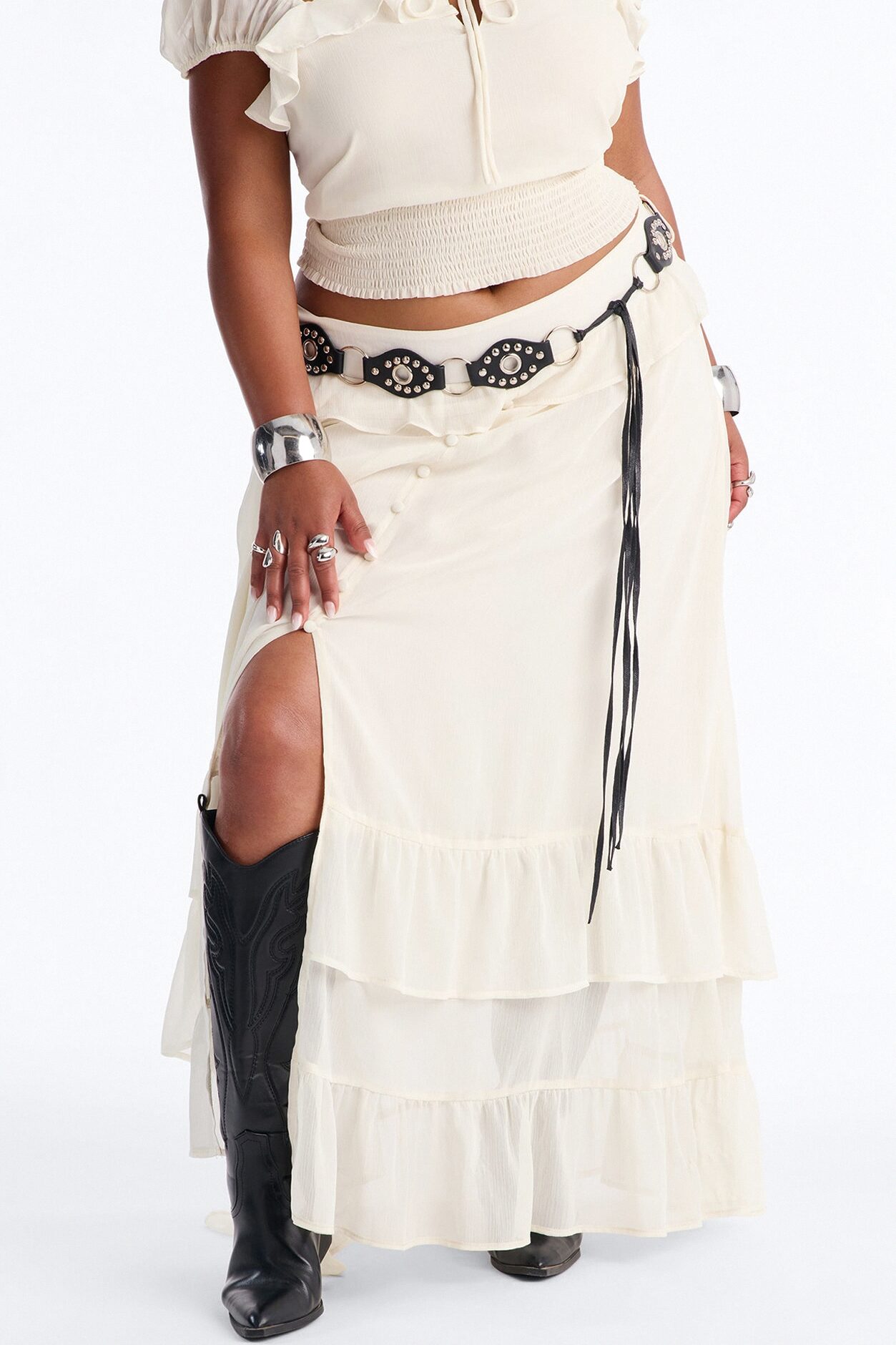 Odessa Ruffle Belted Maxi Skirt Set - Cream