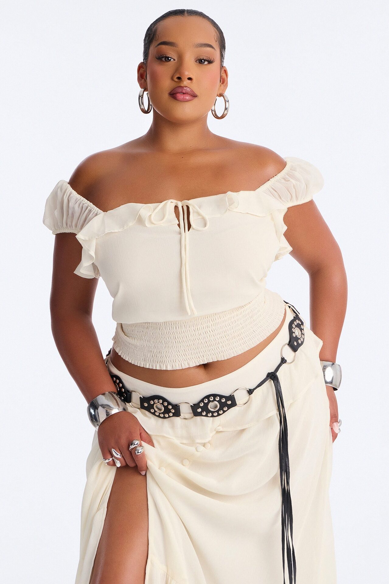Odessa Ruffle Belted Maxi Skirt Set - Cream