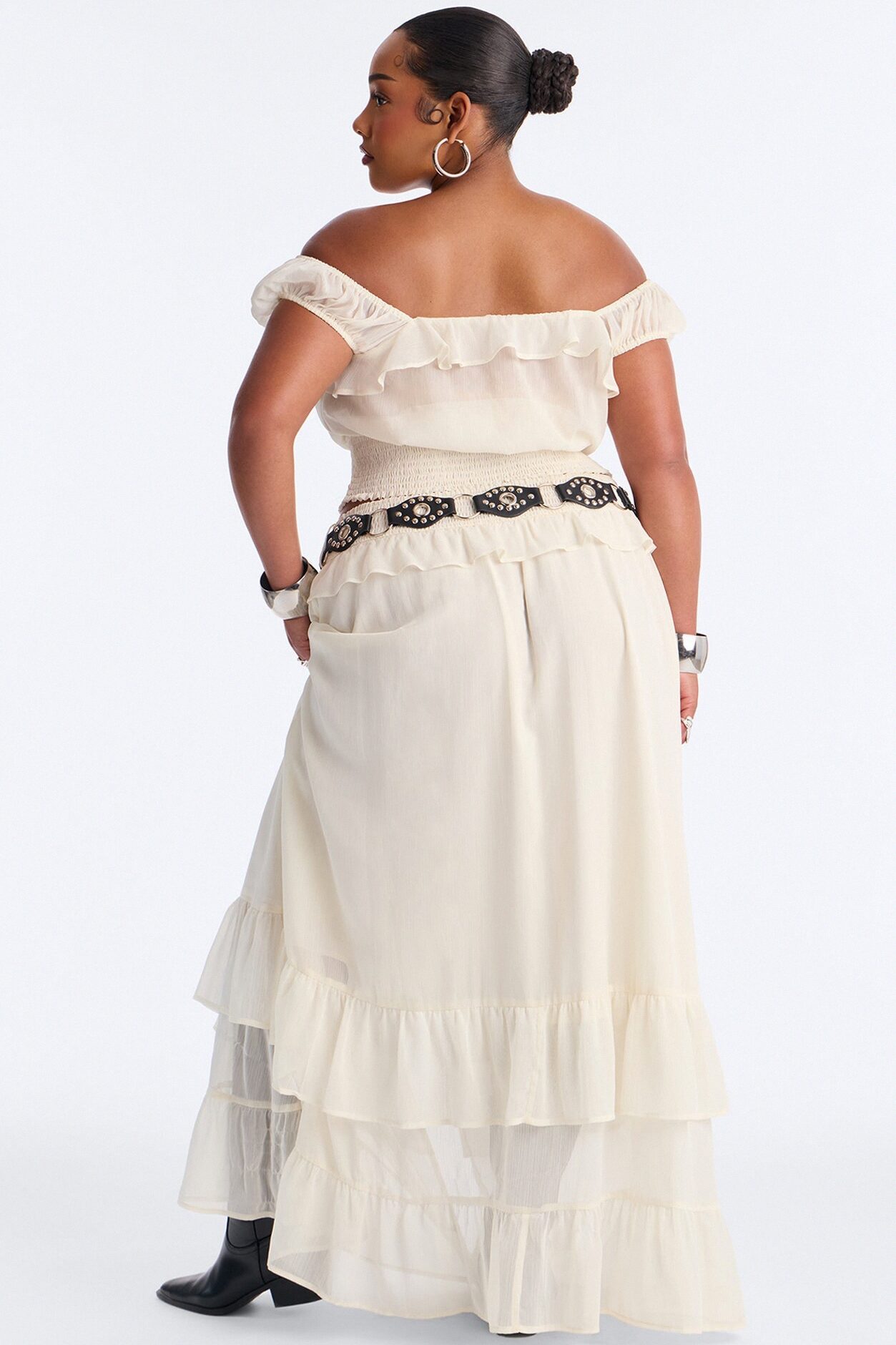 Odessa Ruffle Belted Maxi Skirt Set - Cream