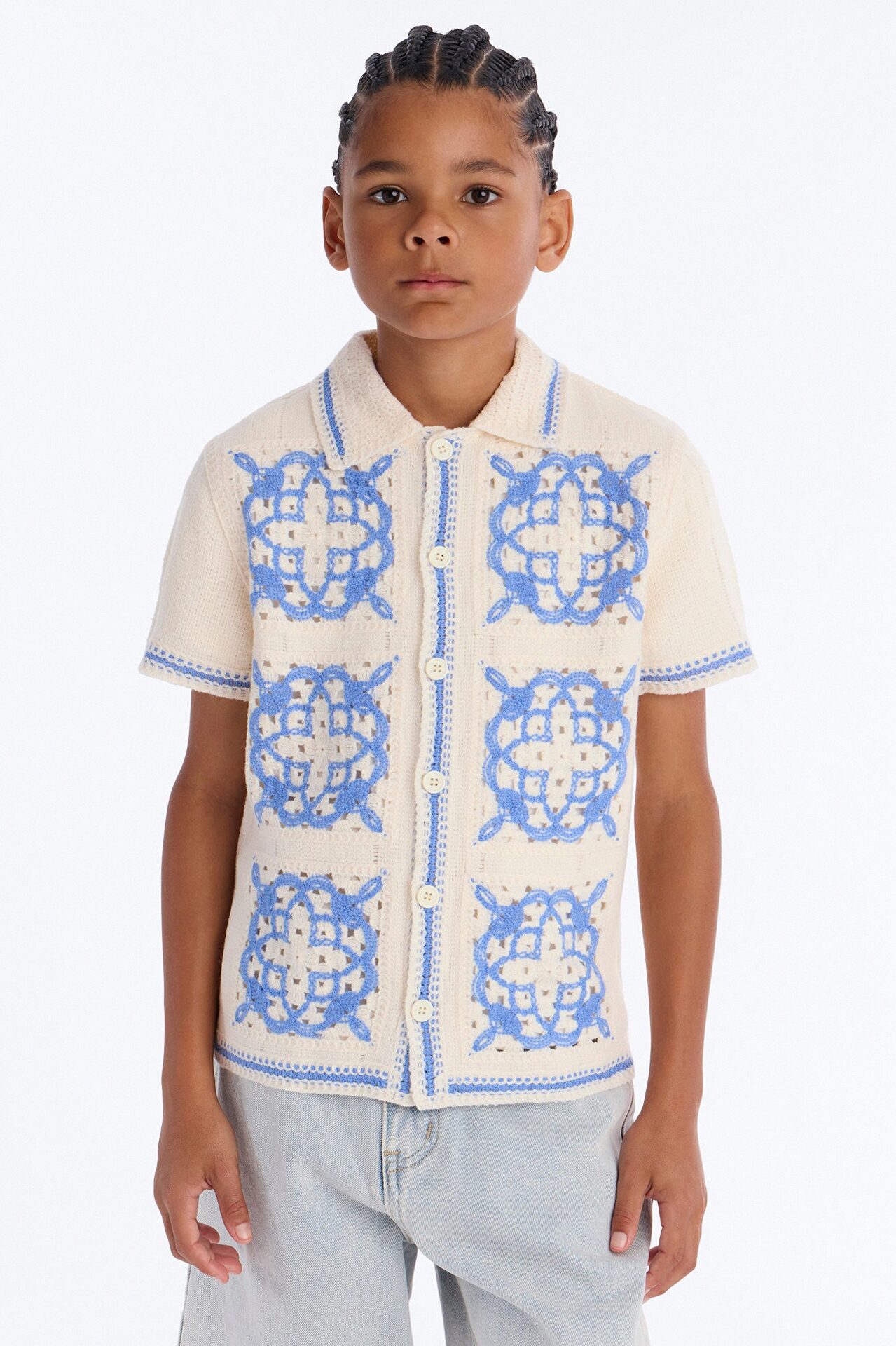 Mini Lido Isle Crochet Button Up Shirt - Cream