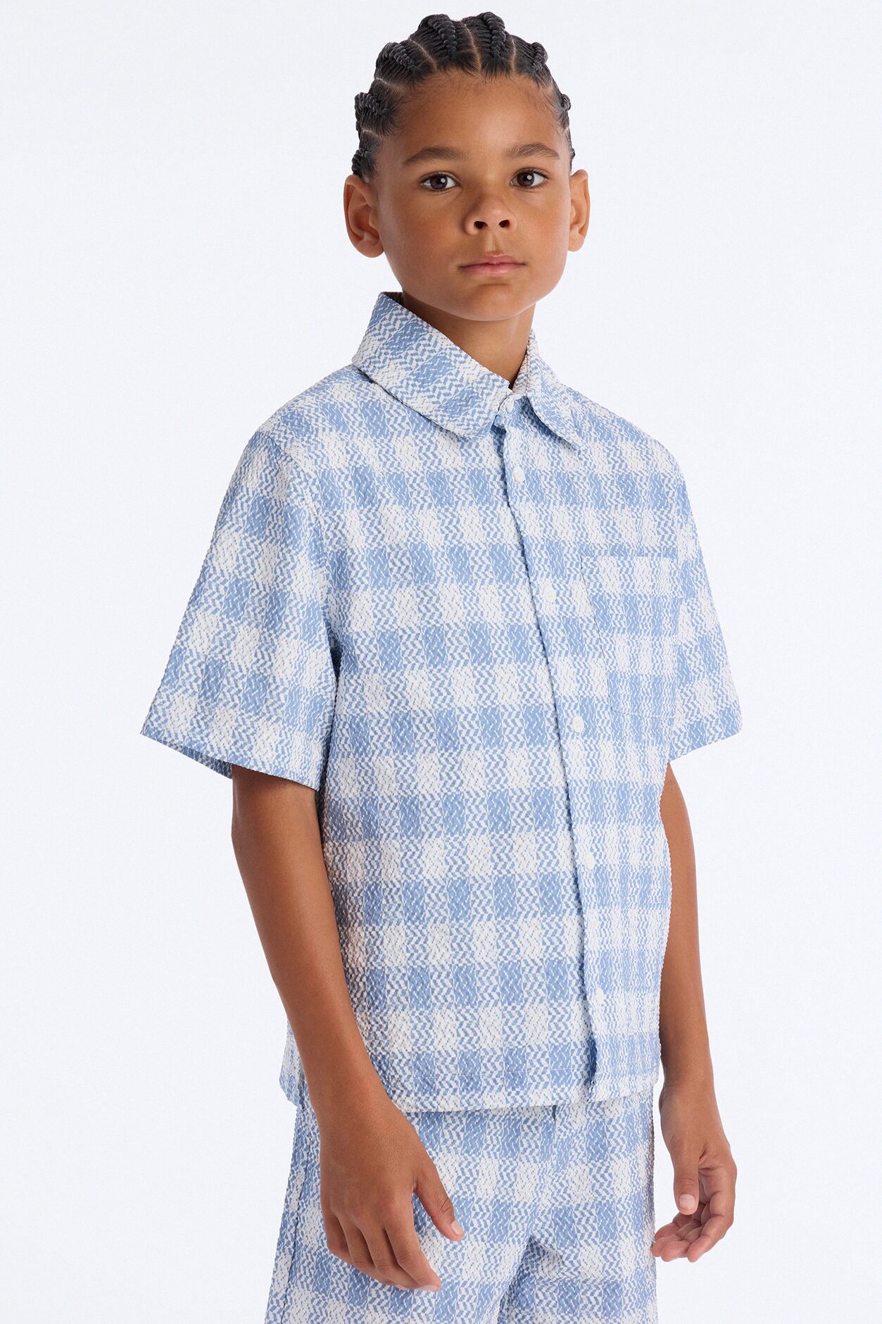 Mini Chess Check Seersucker Button Up Shirt - Blue