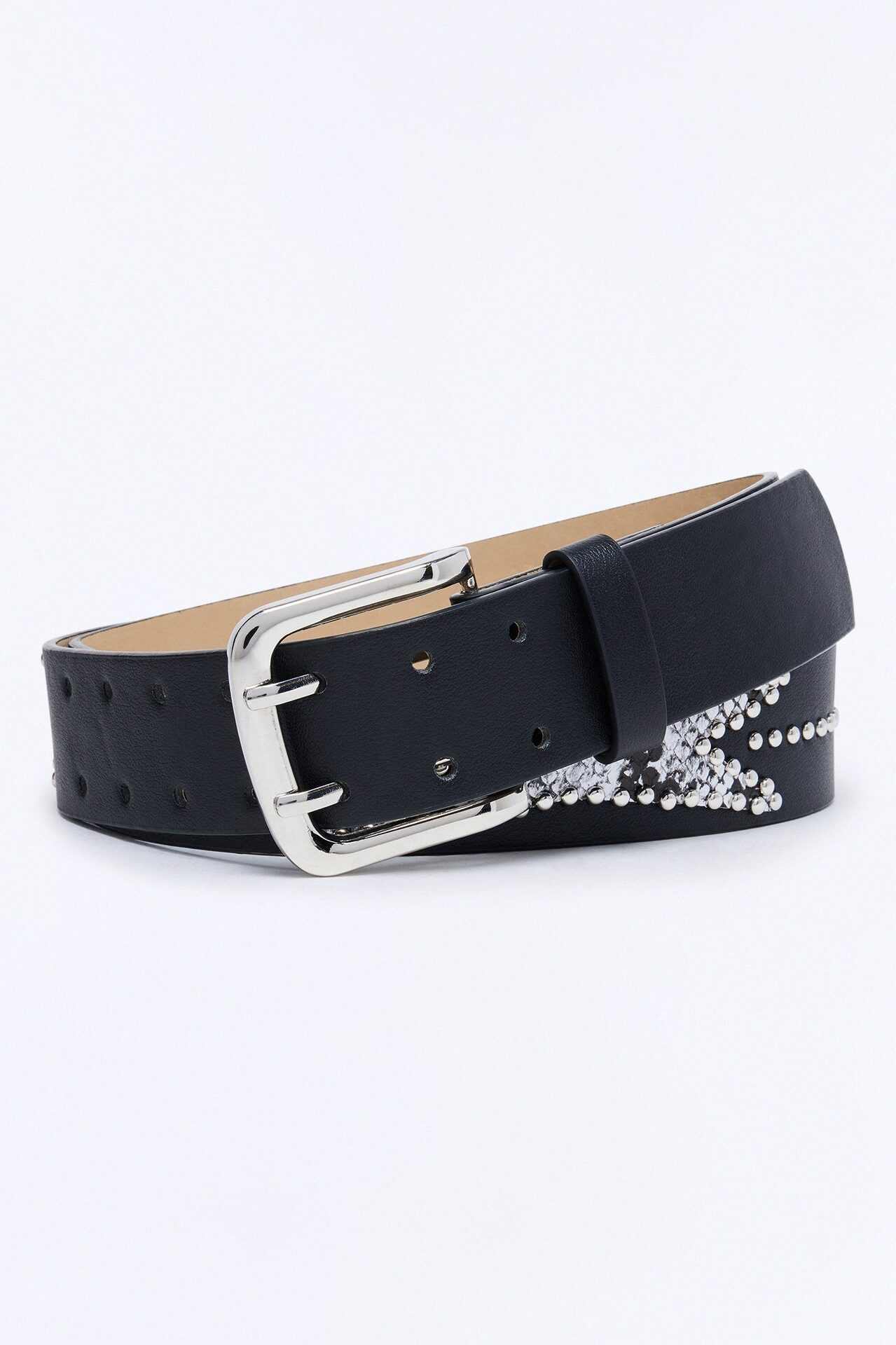 Faux Leather Contrast Cut Out Studded Buckle Belt - Black/White
