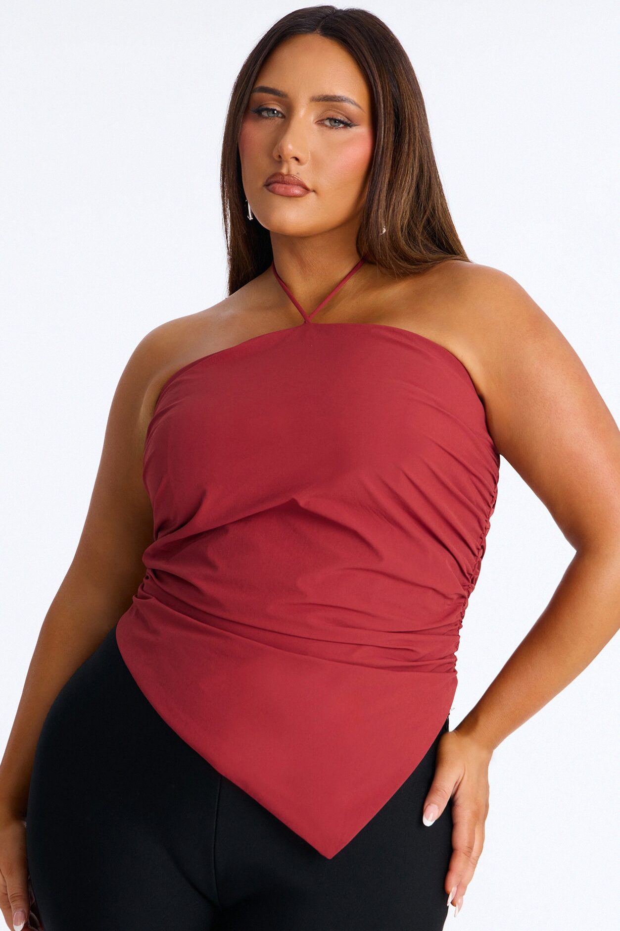 Cute Enough Asymmetrical Nylon Halter Top - Red