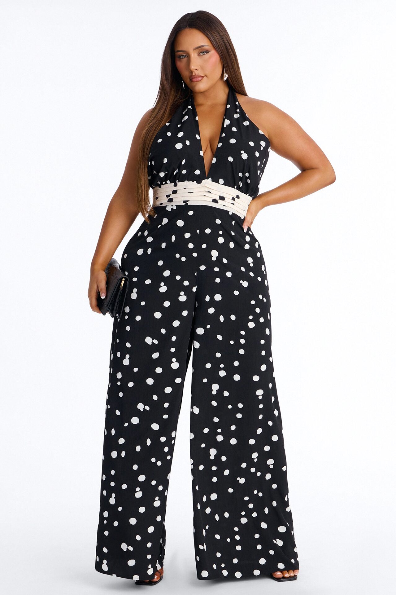 Casey Polka Dot Halter Wide Leg Jumpsuit - Black/combo