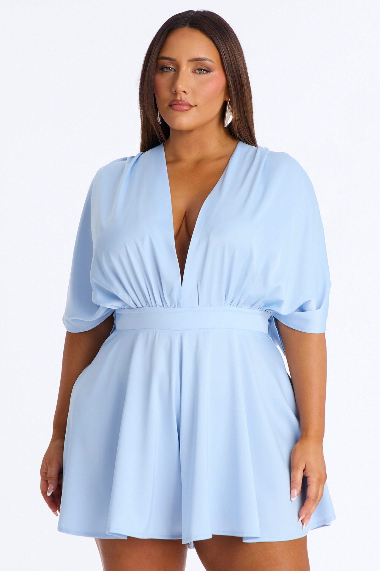 Mekenzy Satin Plunge Romper - Dusty Blue