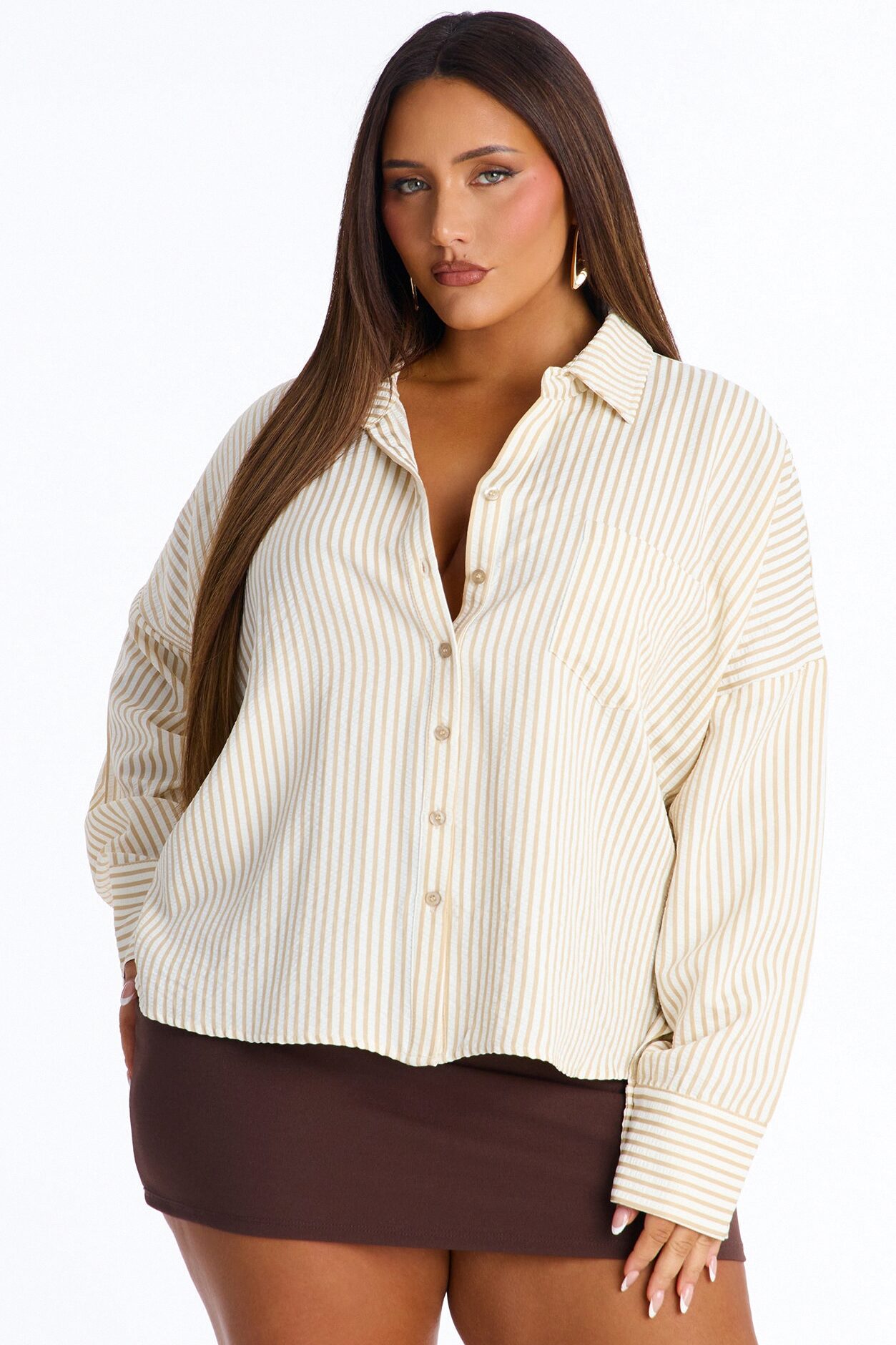 Stay Curious Oversized Stripe Shirt - Taupe