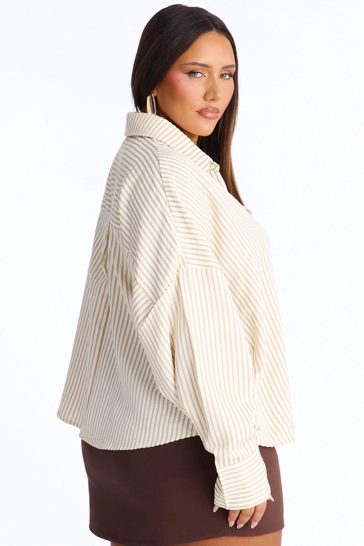 Stay Curious Oversized Stripe Shirt - Taupe
