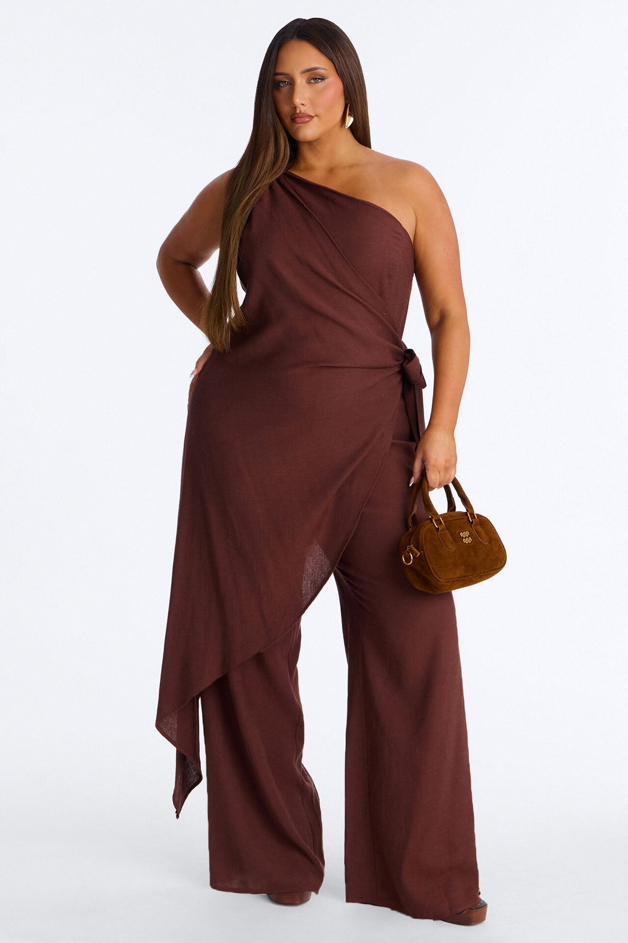 Zena Off Shoulder Draped Jumpsuit - Chocolate