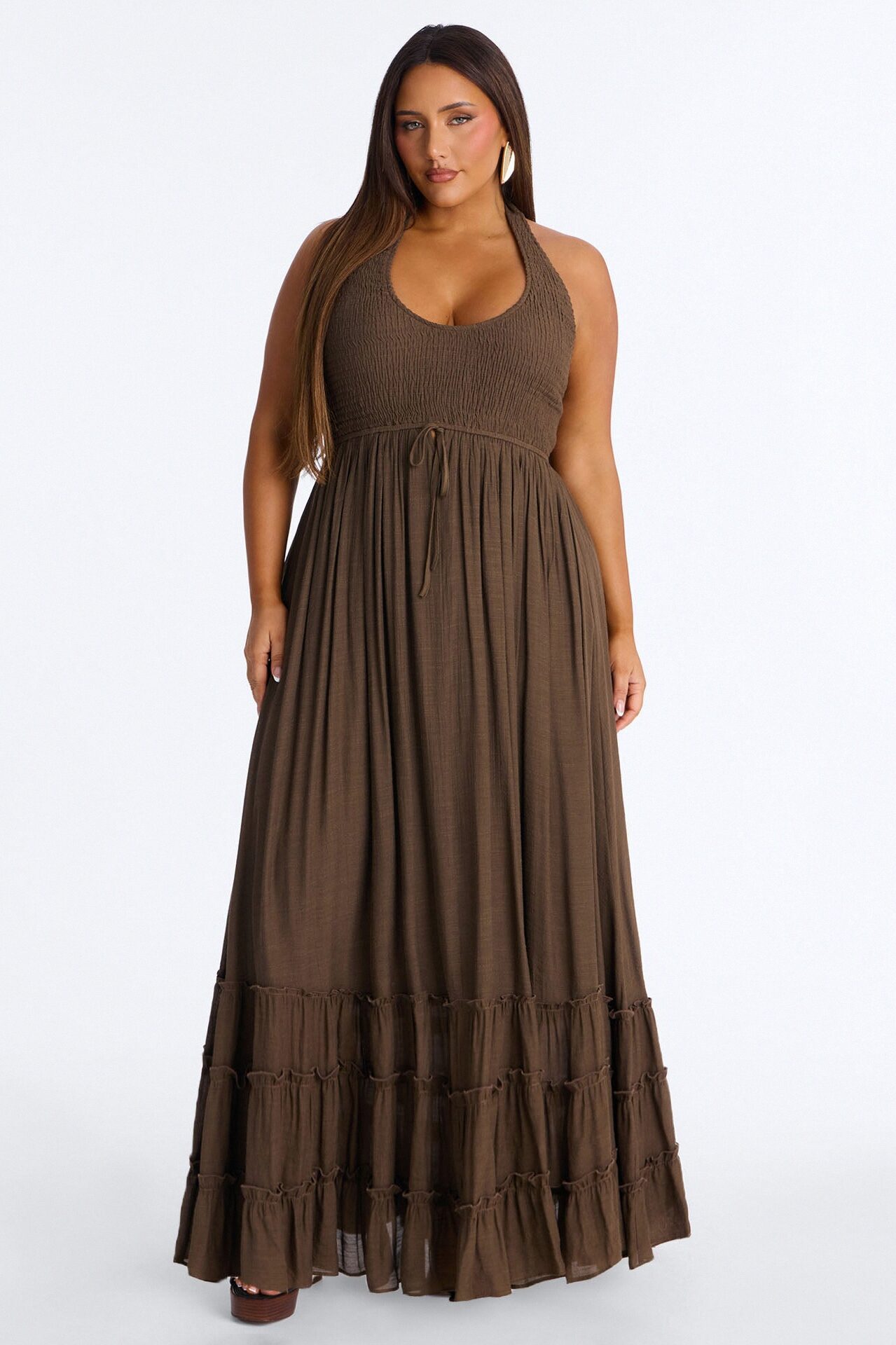 Freya Smocked Linen Maxi Dress - Chocolate