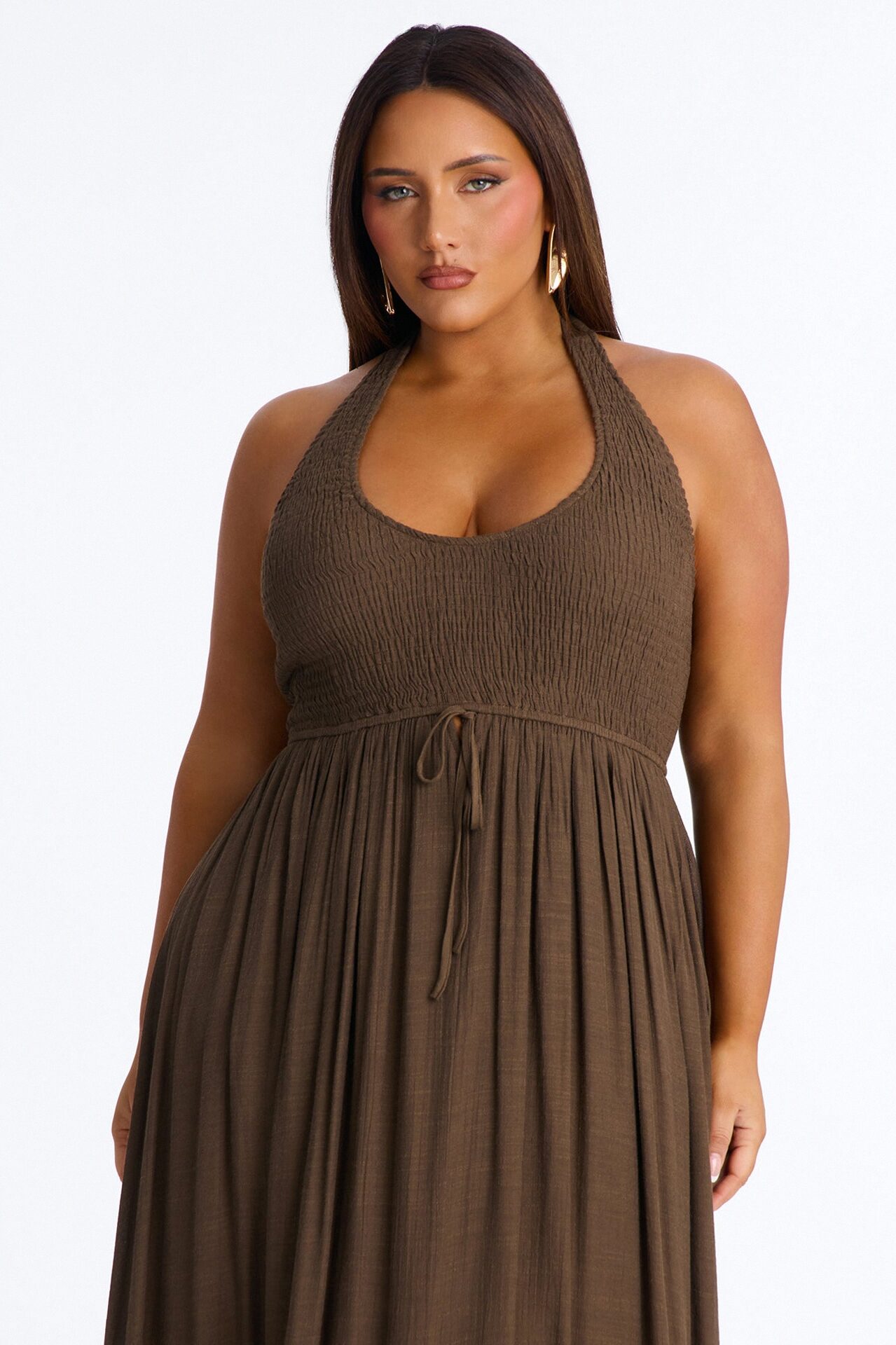 Freya Smocked Linen Maxi Dress - Chocolate