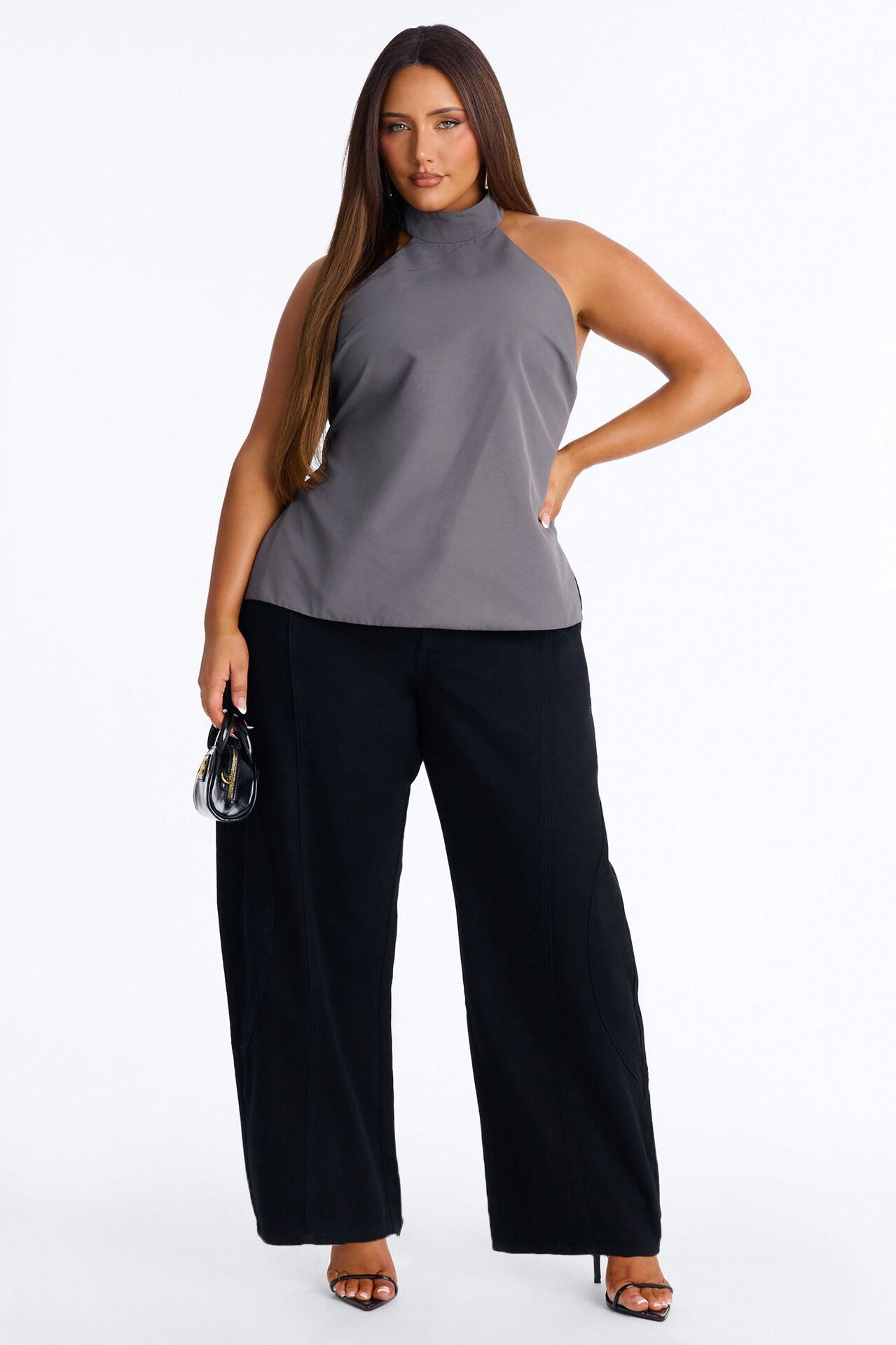 Modern Girl Belted Nylon Halter Top - Grey