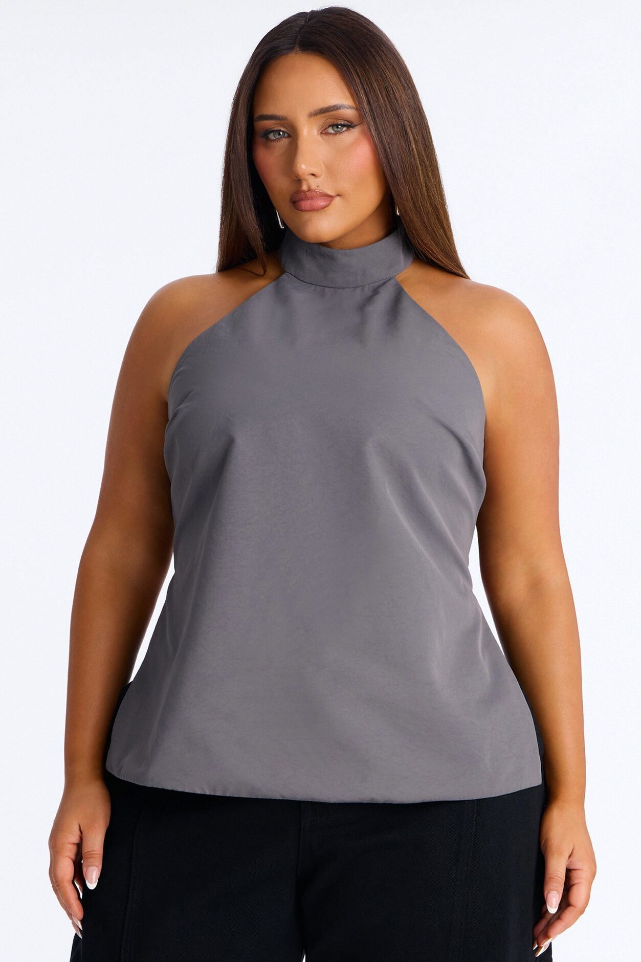 Modern Girl Belted Nylon Halter Top - Grey