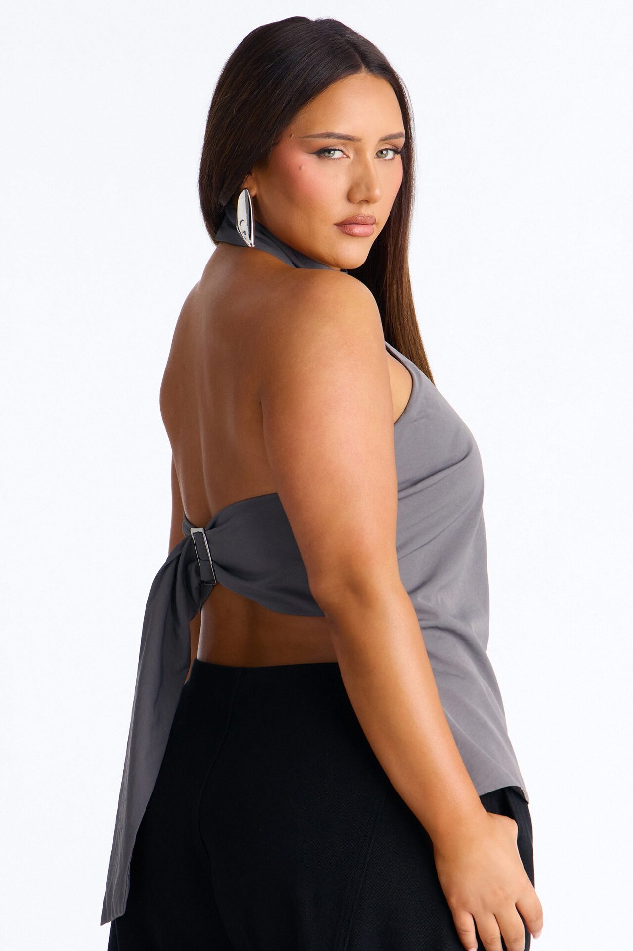 Modern Girl Belted Nylon Halter Top - Grey