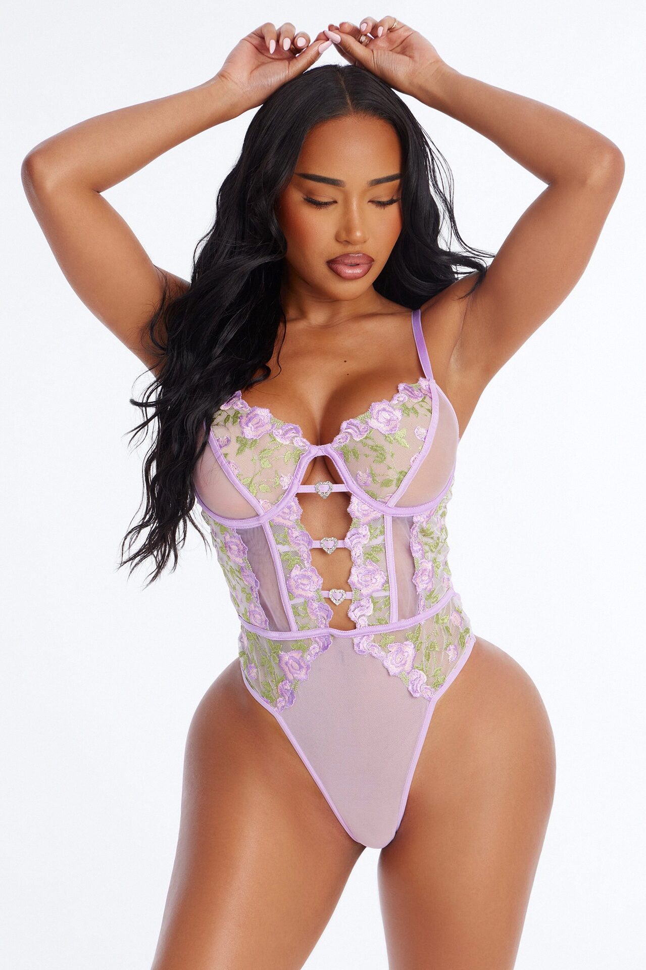 Take Me Far Away Embroidery Floral Underwire Boning Teddy - Lavender