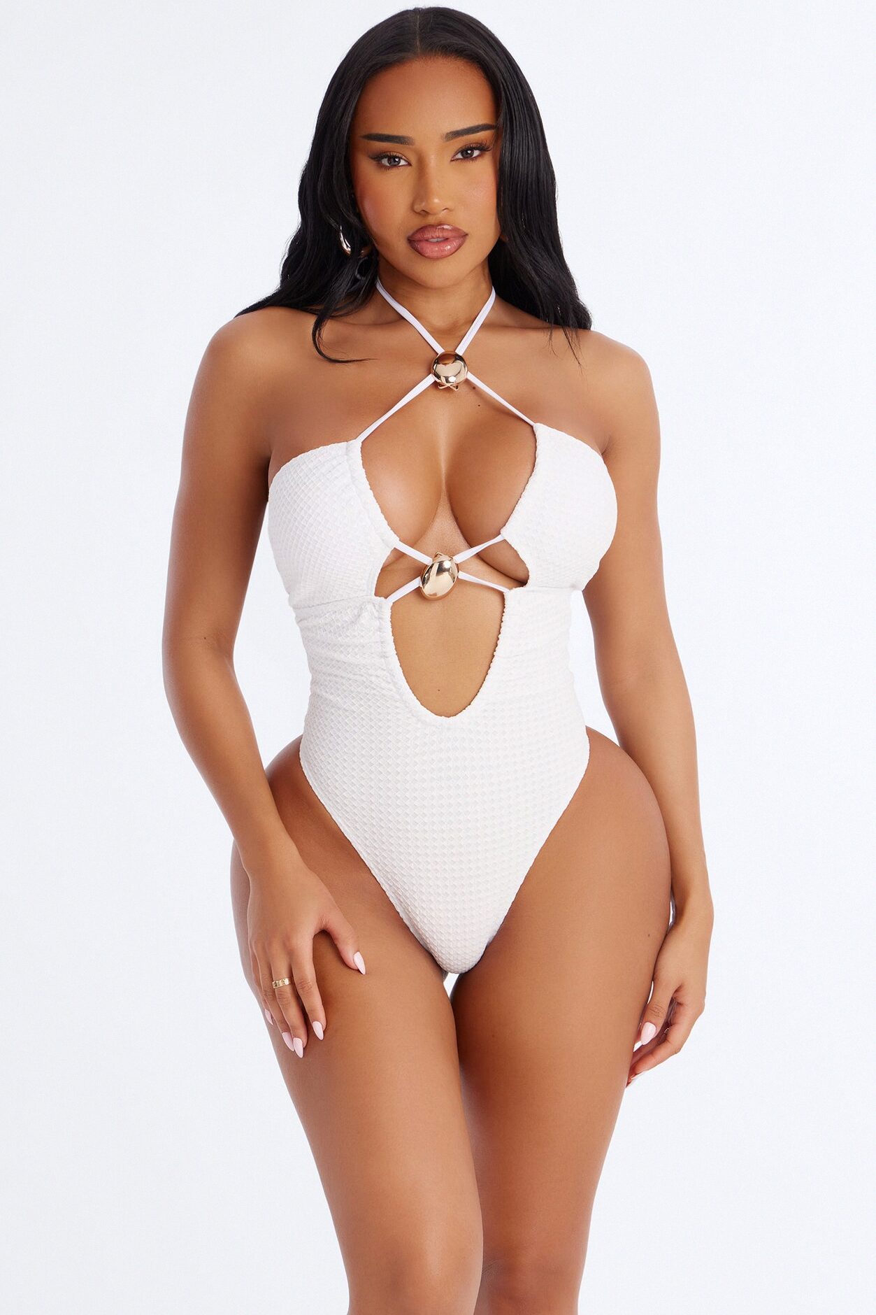 Nyssa 1 Piece Textured Triangle Swimsuit - White