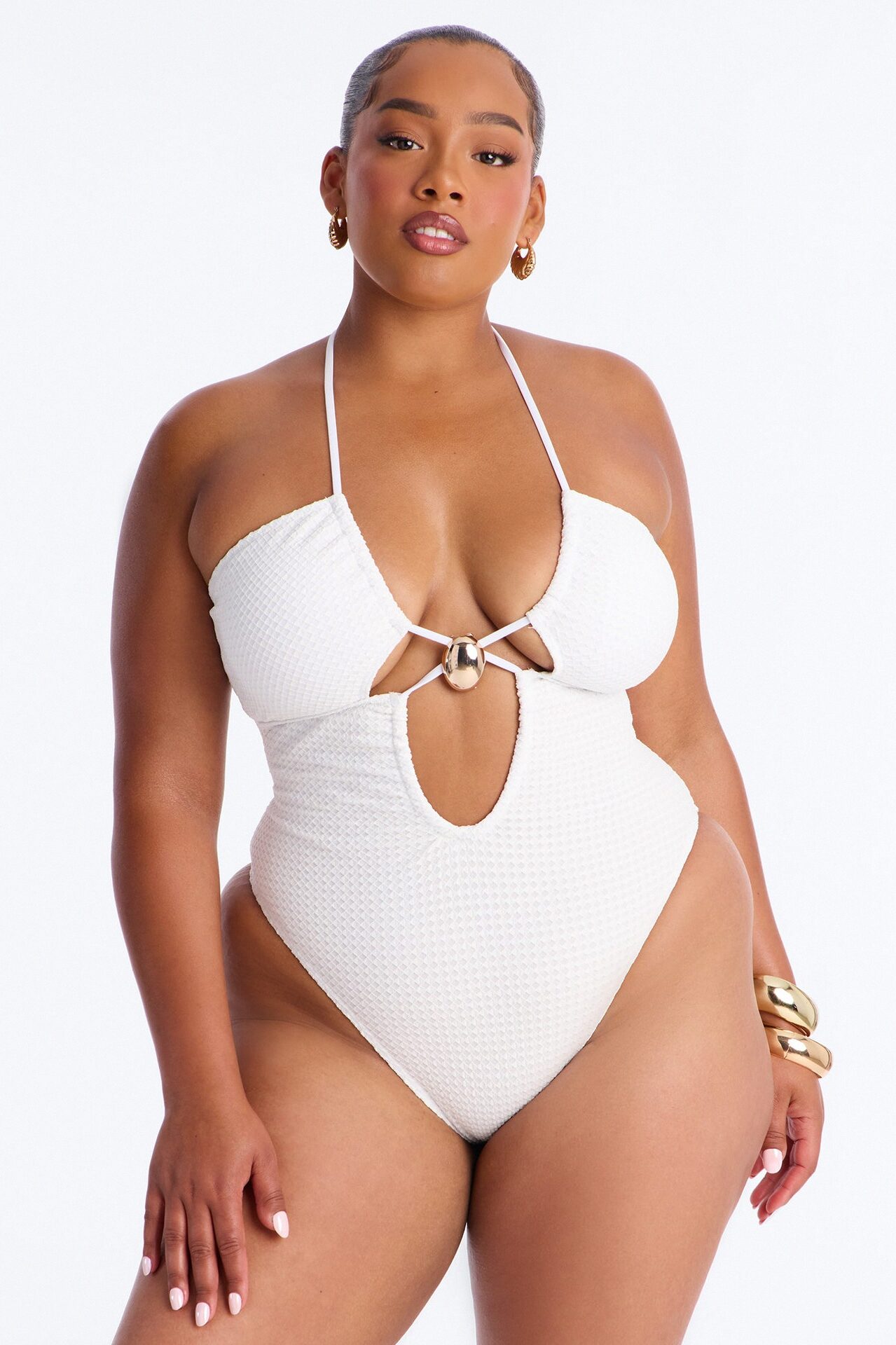 Nyssa 1 Piece Textured Triangle Swimsuit - White
