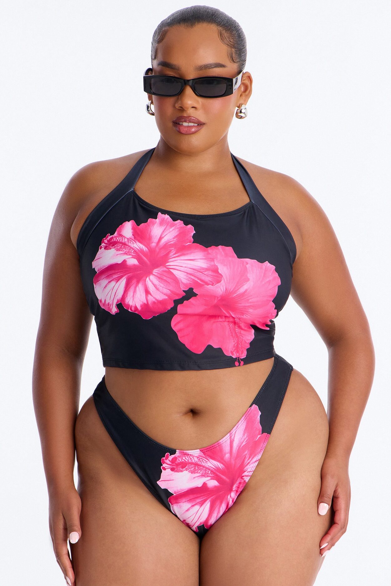 Mabel 2 Piece Floral Tankini Bikini Set - Black/Pink