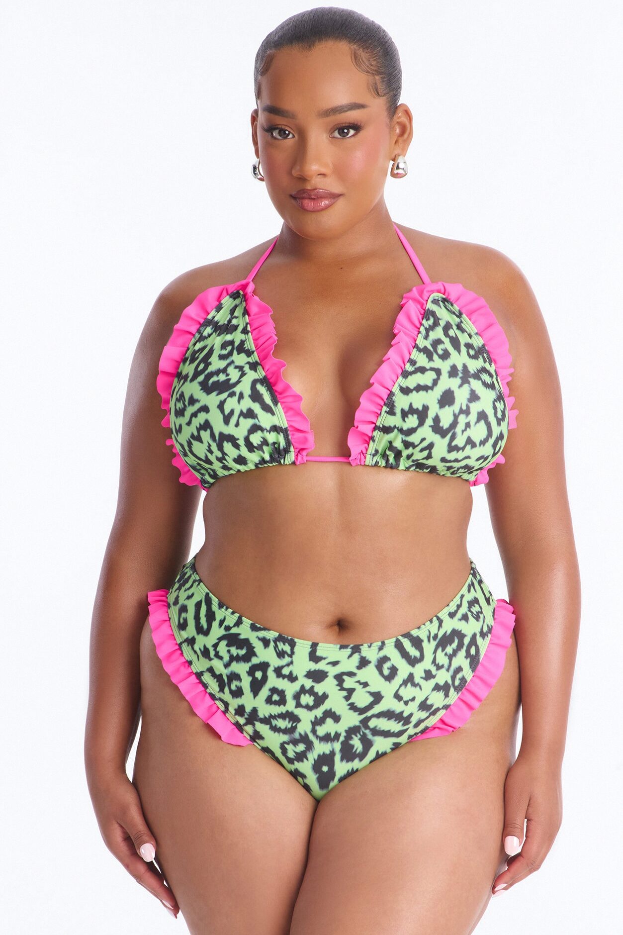 Feelin Fierce 2 Piece Leopard Triangle Ruffle Bikini Set - Pink/combo