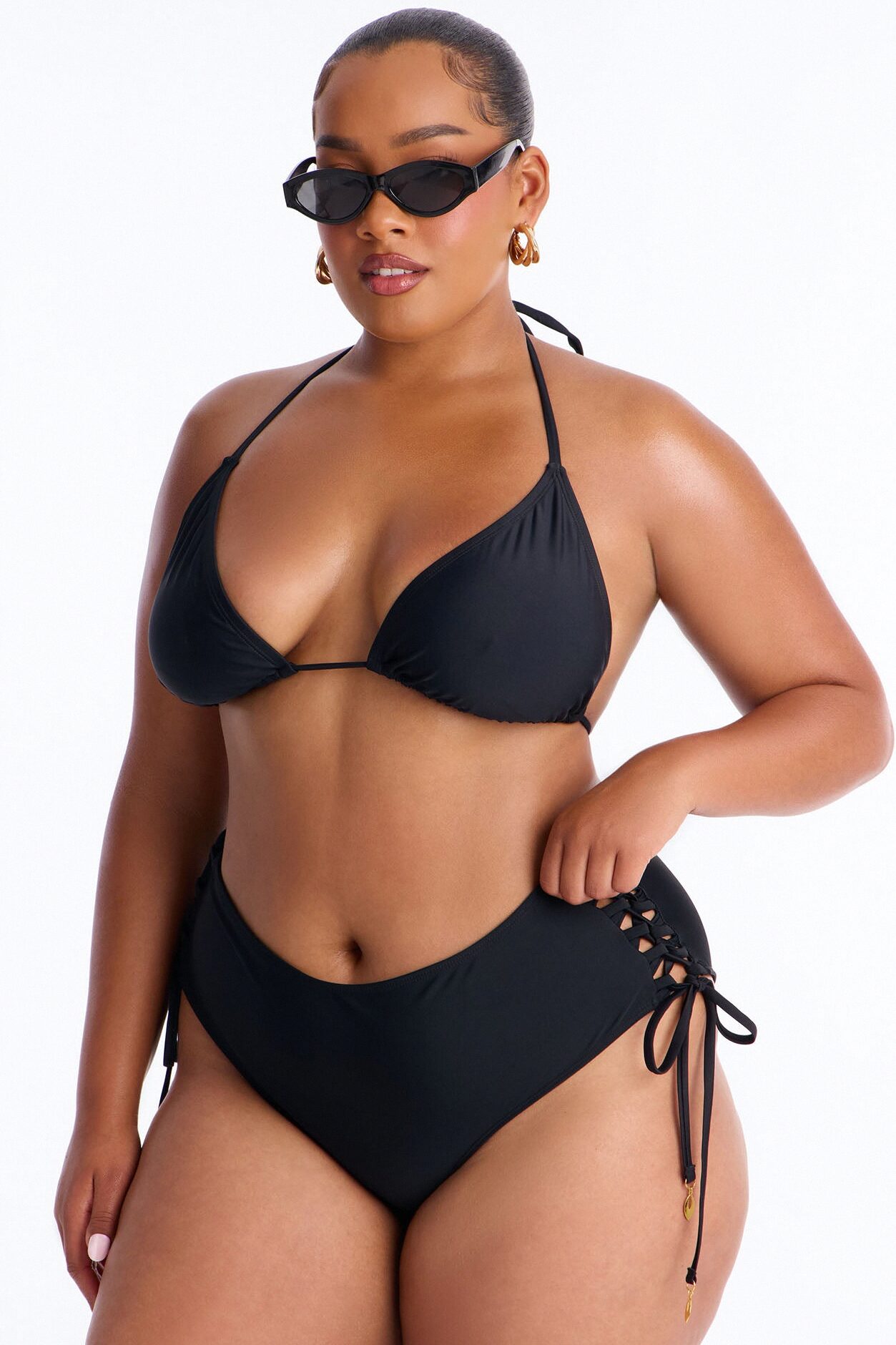 Tie Me Down Lace Up High Waist Bikini Bottom - Black