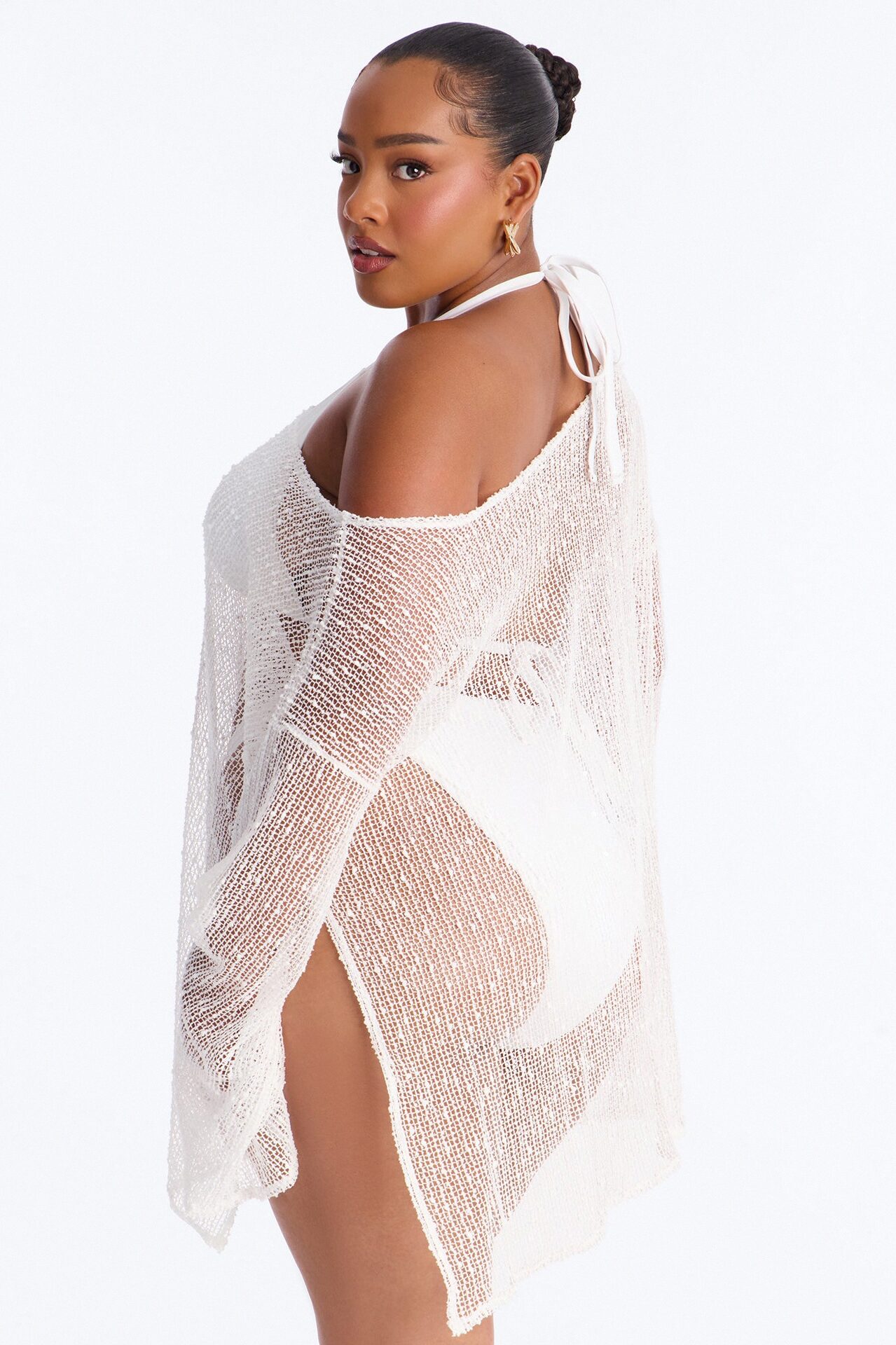 Sarah Textured Long Sleeves Off Shoulder Swim Cover Up Top - White