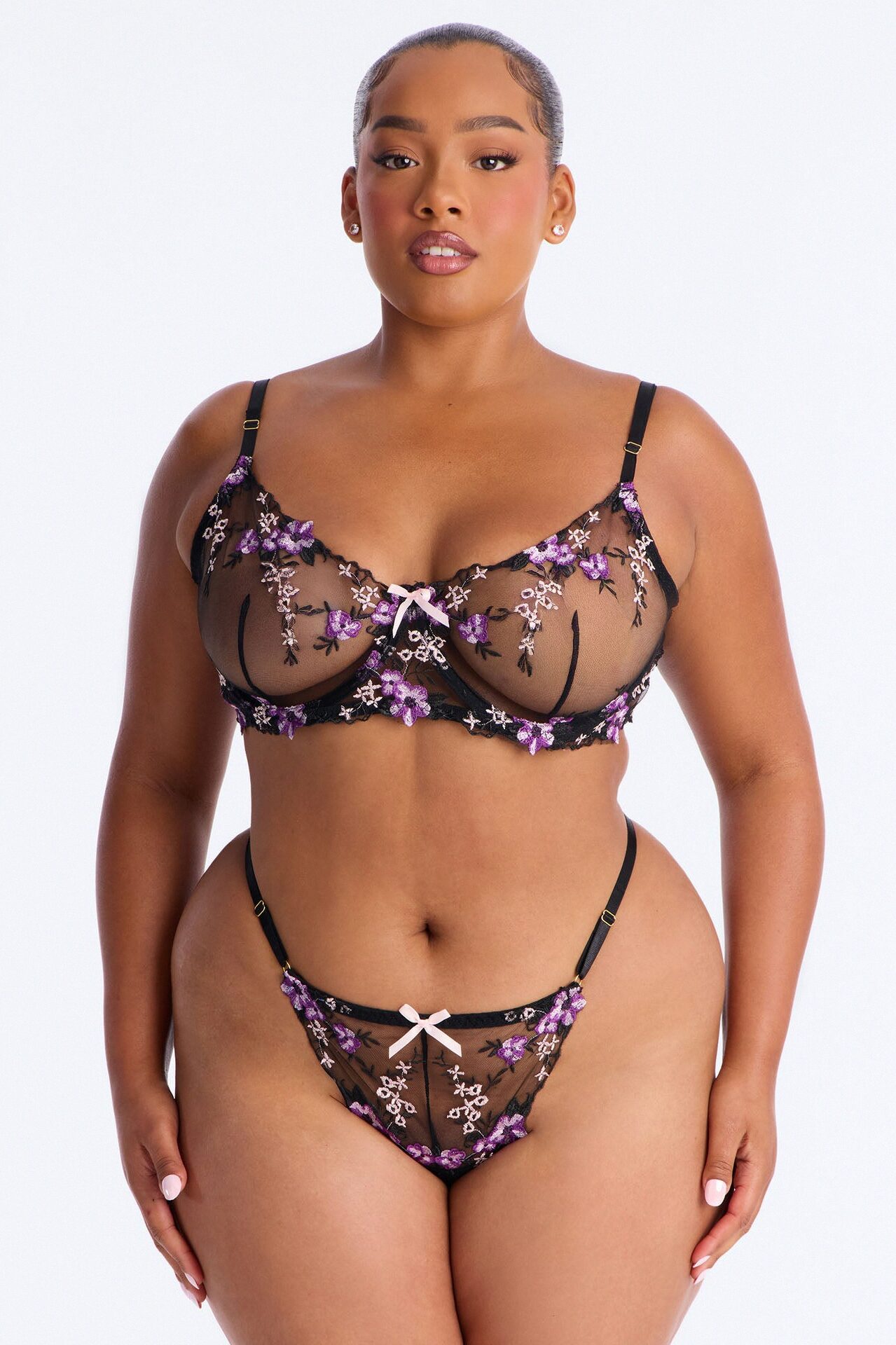 Amala 2 Piece Mesh Embroidered Bra And Panty Set - Black/Purple