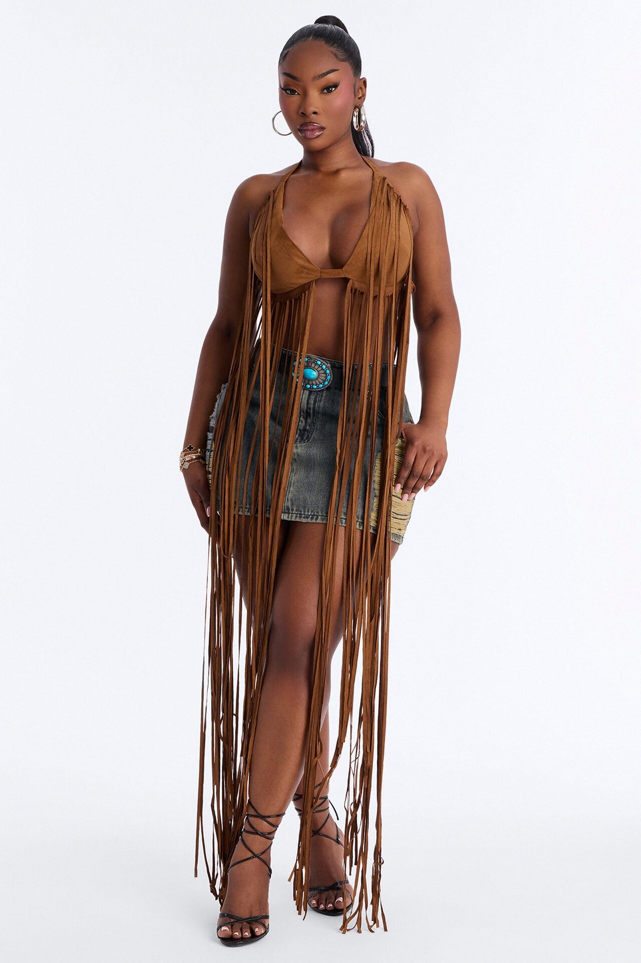 Stay Dramatic Fringe Halter Top - Tan