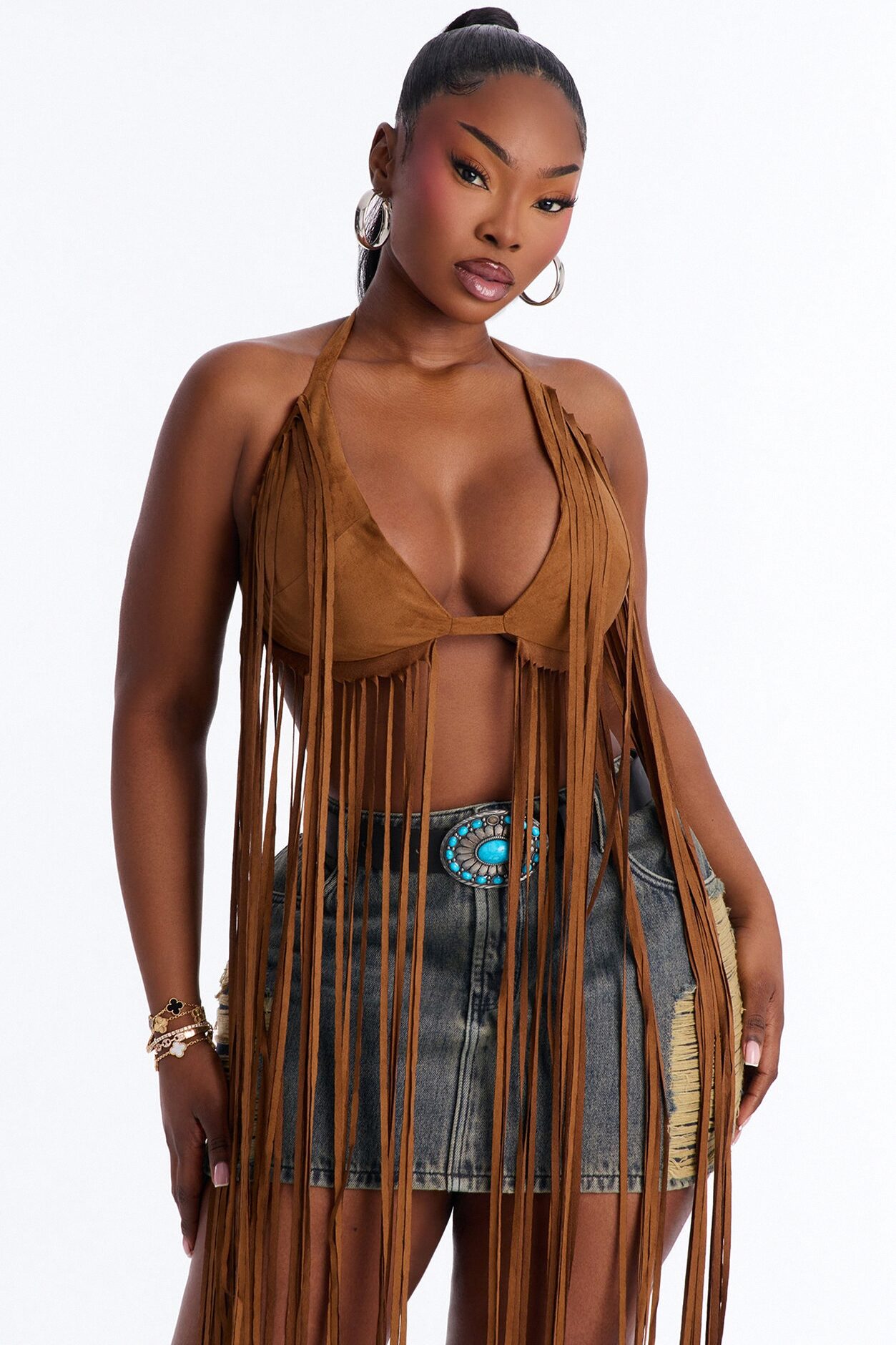 Stay Dramatic Fringe Halter Top - Tan