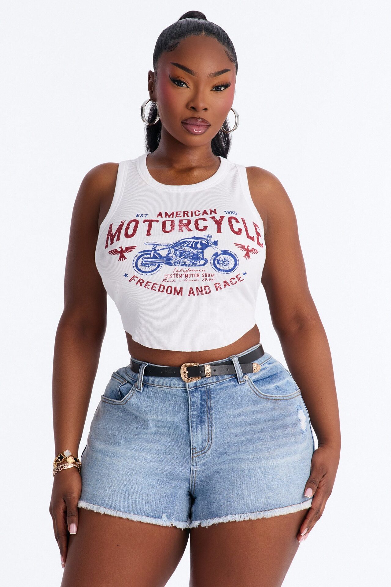 American Moto Ribbed Cropped Tank Top - White