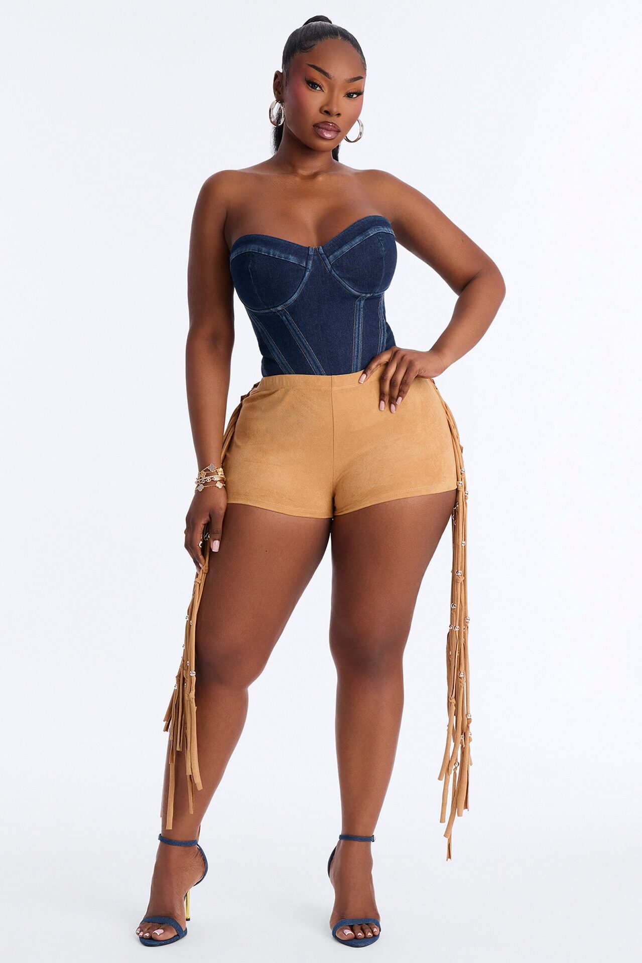 Indio Nights Beaded Fringe Trim Micro Short - Camel